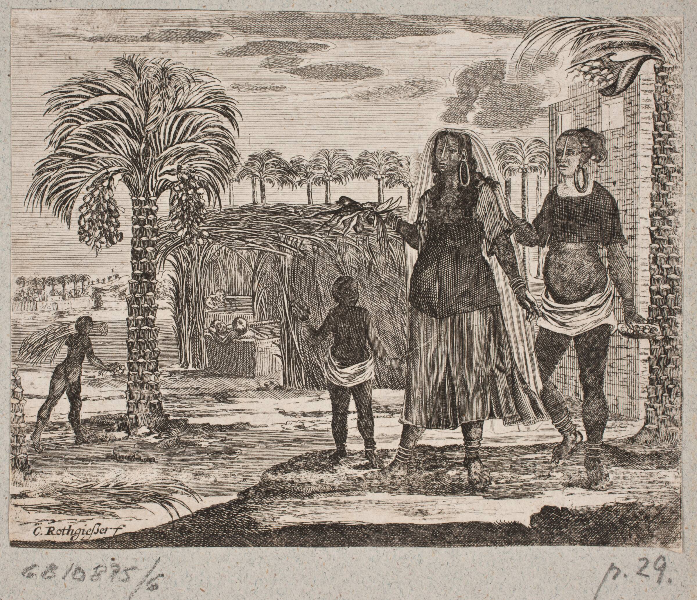 Indfødte foran en palmehytte, Christian Rothgiesser, 1668