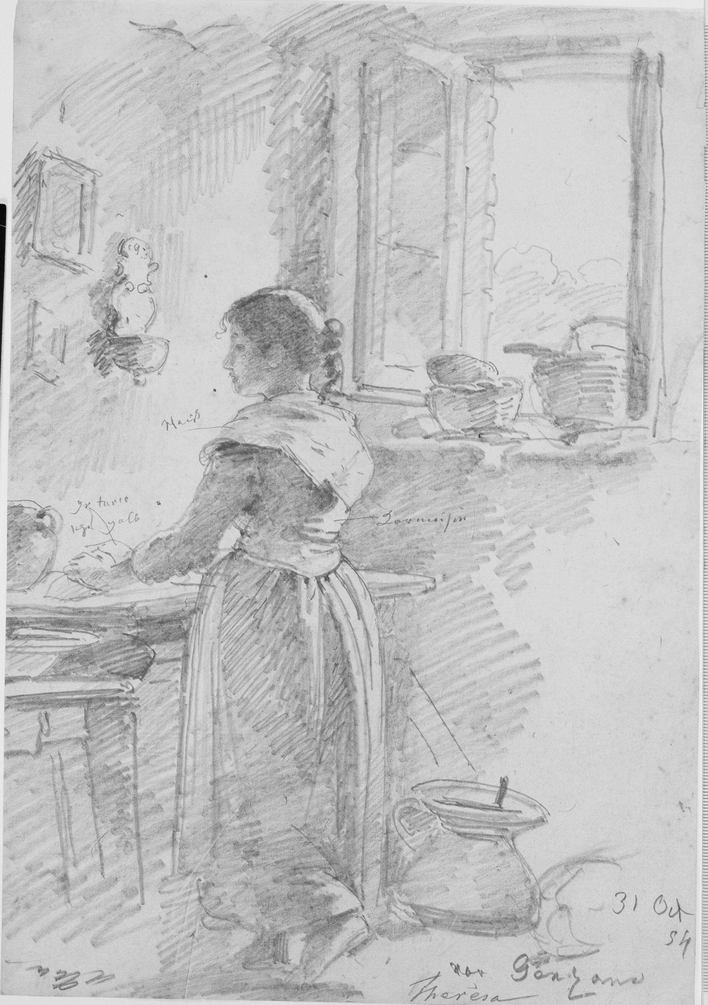 En pige ved et bord trillende dej i et værelse med markant vindue, Ernst Meyer, 1854