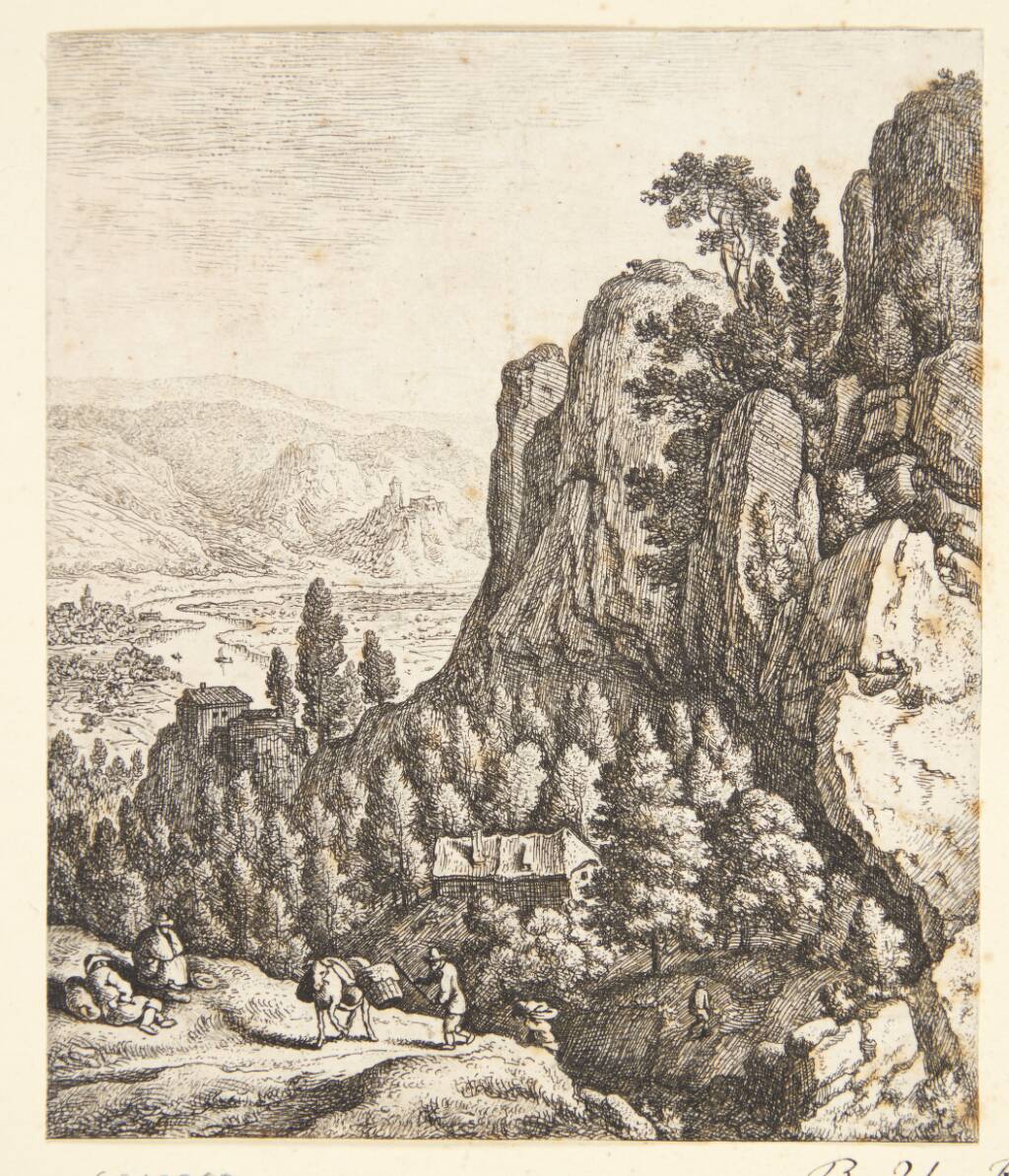 Vejfarende i et bjerglandskab, i baggrunden huse på klipper og en floddal, Herman Saftleven, 1667