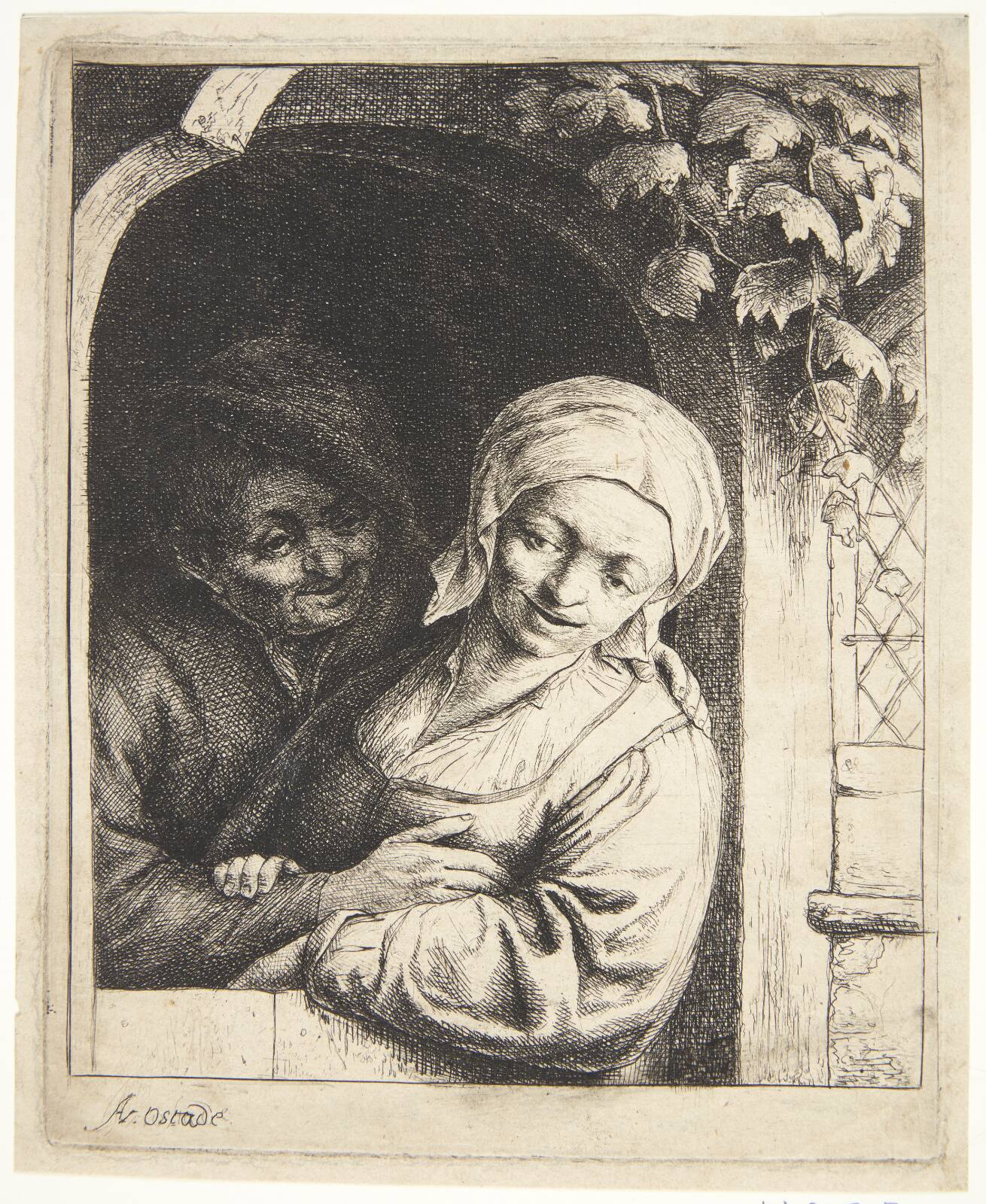 Mand, der omfavner en bondepige i en døråbning, by Adriaen van Ostade, 1667