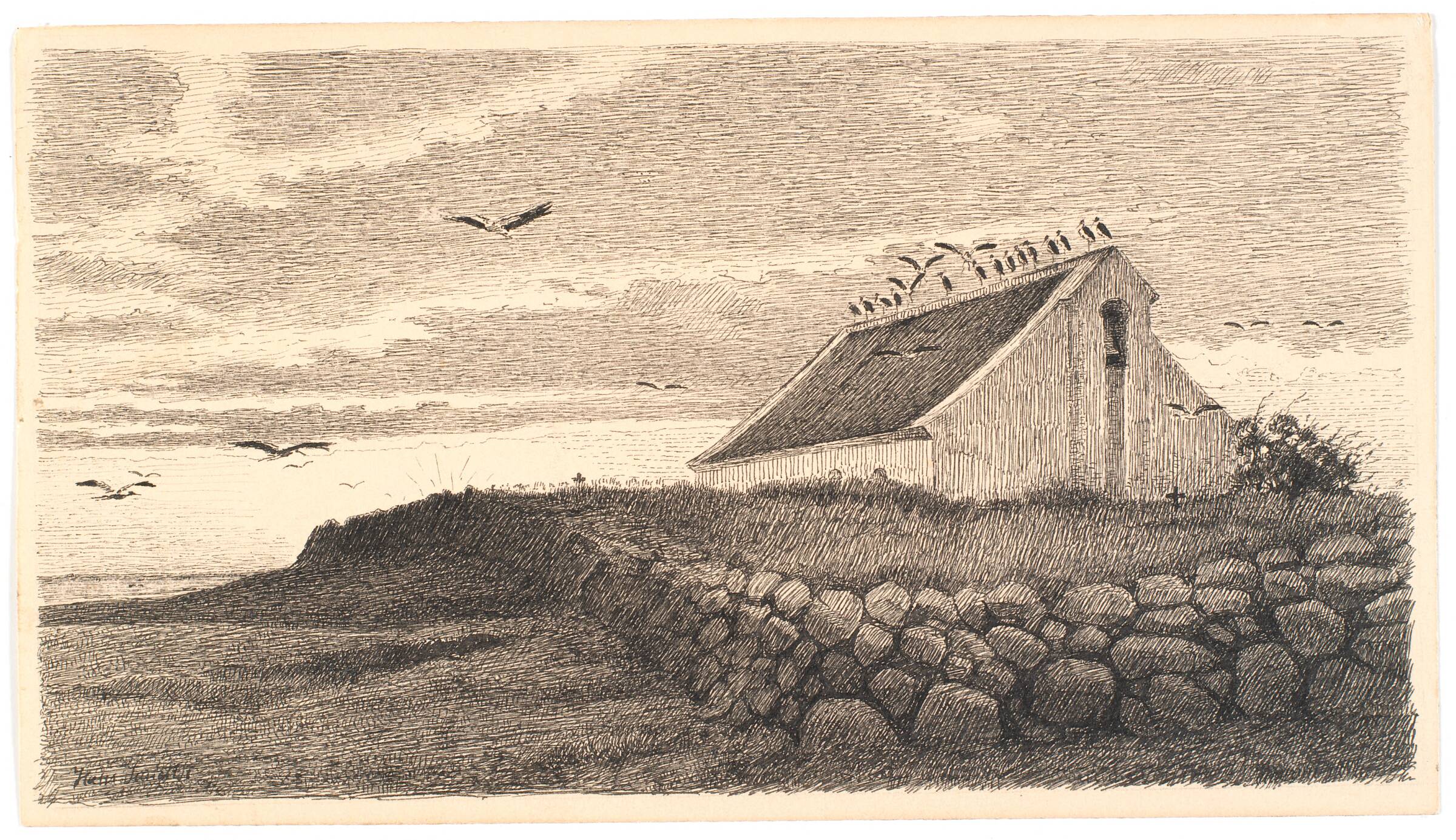 Motiv fra Karup. Storkene samler sig til rejsen. Solnedgangstid, Hans Smidth, 1893-1917