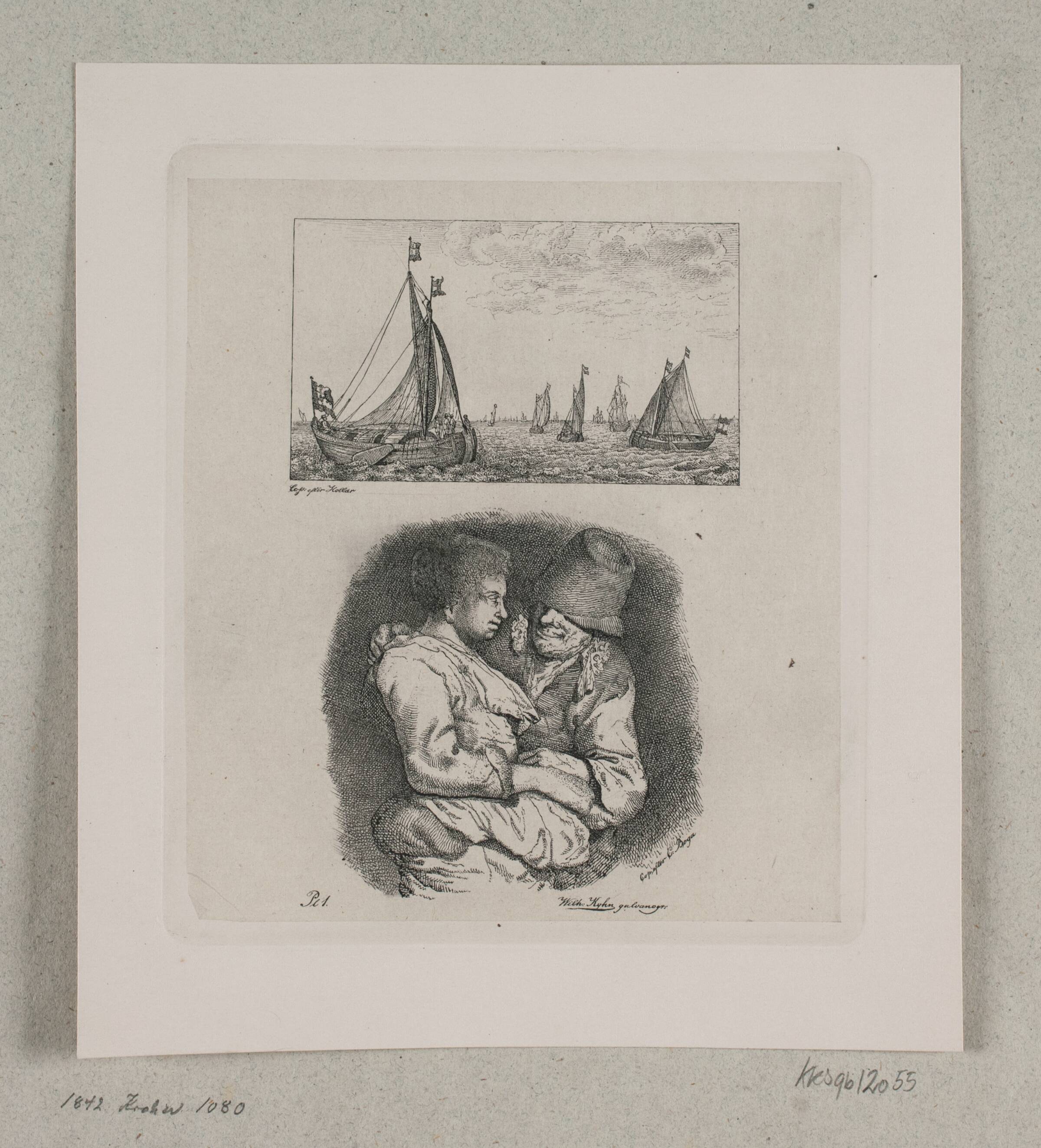 Sejlbåde og bonde med armen om skulderen på en kvinde, Vilhelm Kyhn, 1842