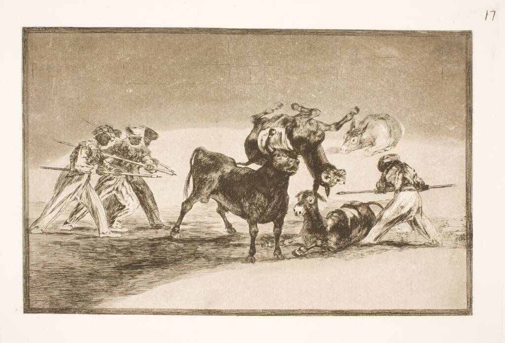 Maurerne benytter æsler som barriere for at forsvare sig mod tyren, hvis horn er blevet forsynet med kugler, Francisco de Goya, 1815-1816