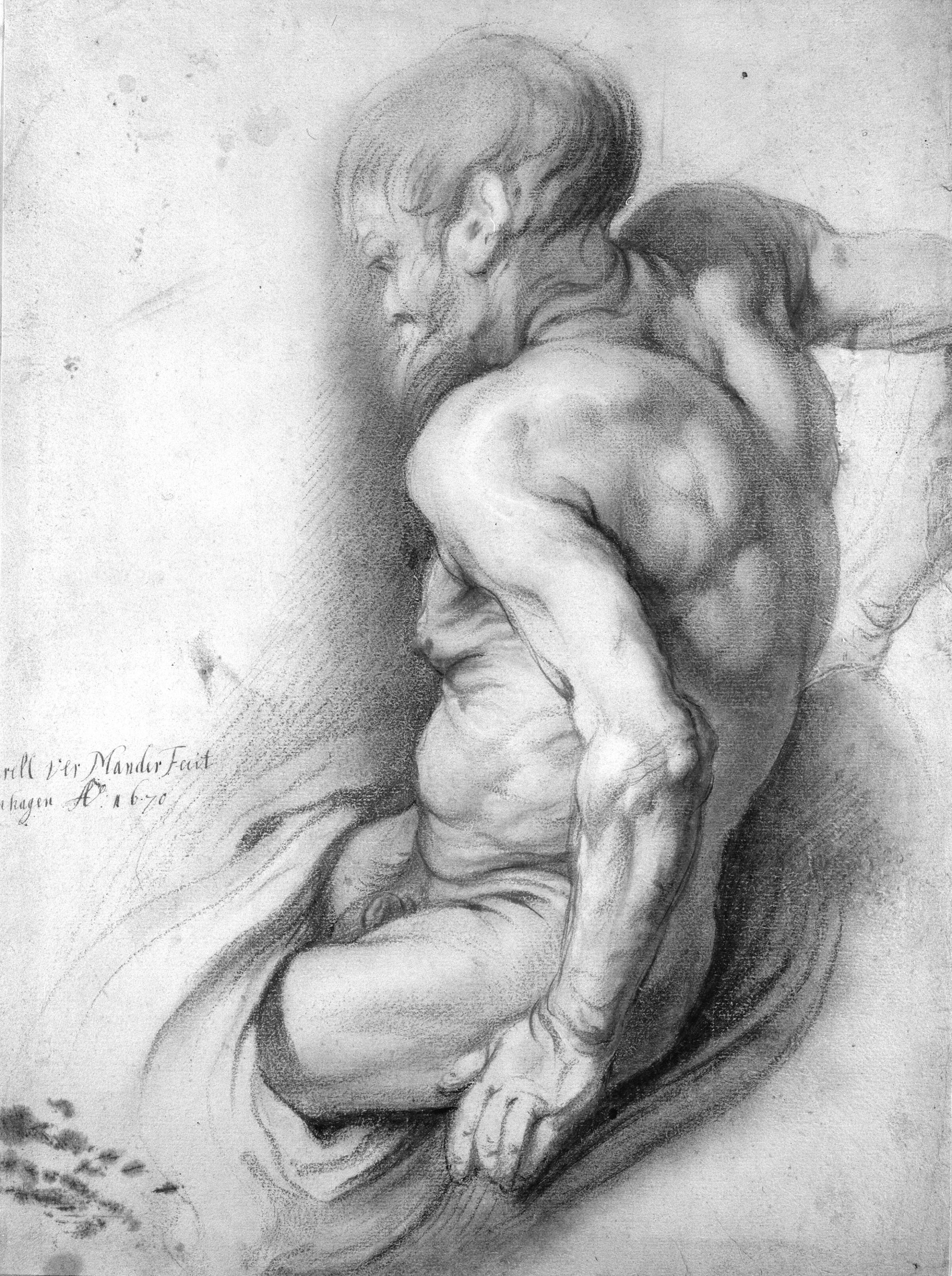 Gammel nøgen mand, siddende i profil., Mander III, Karel van, 1668-1671
