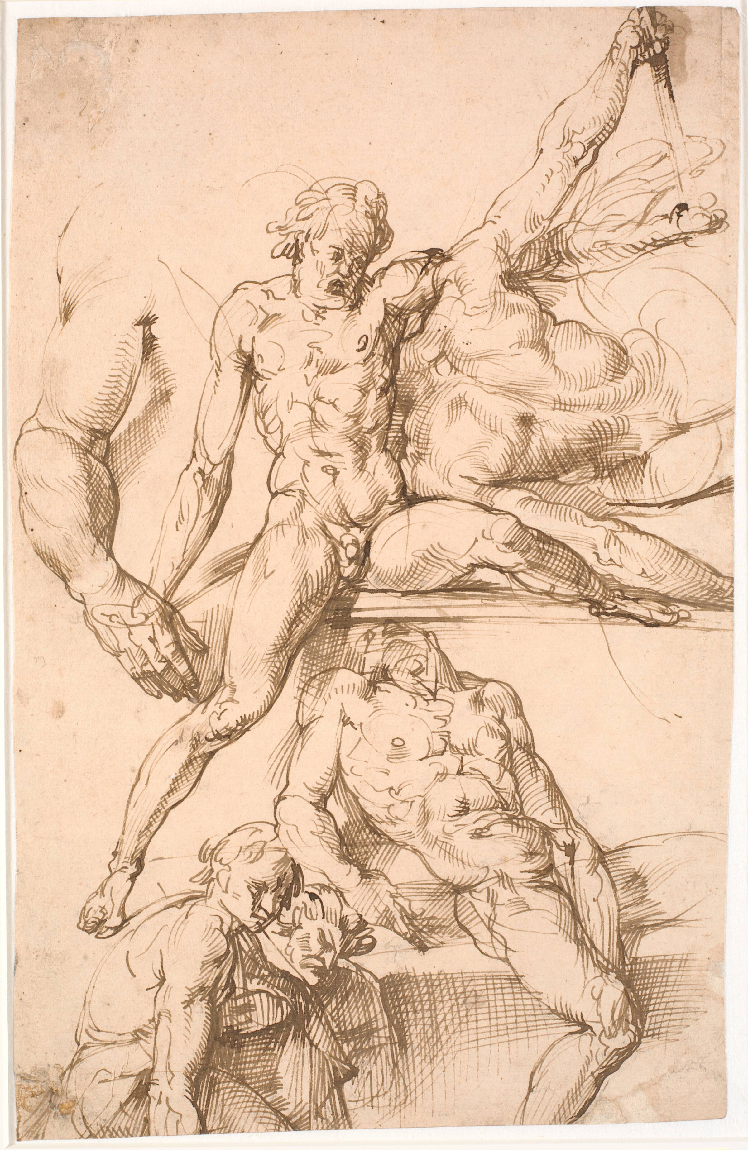 Blad med studier: for oven to mænd, der brydes og studie af en højre arm. Derunder: en stækt tilbagelænet siddende mand, og to let foroverbøjede halvfigurs mænd, Frantz Clein, 1582-1658