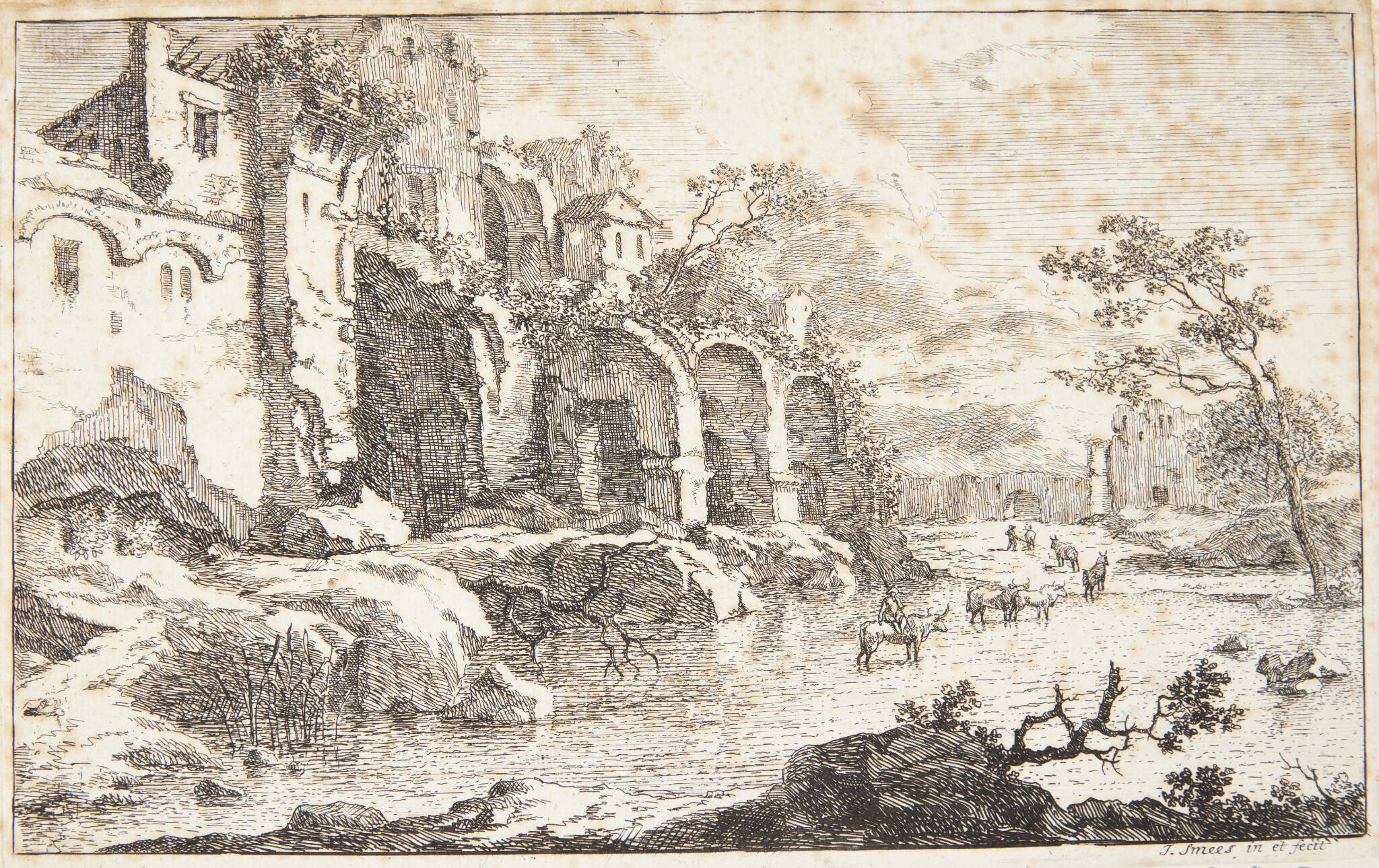 Forfaldne huse ved en flodseng