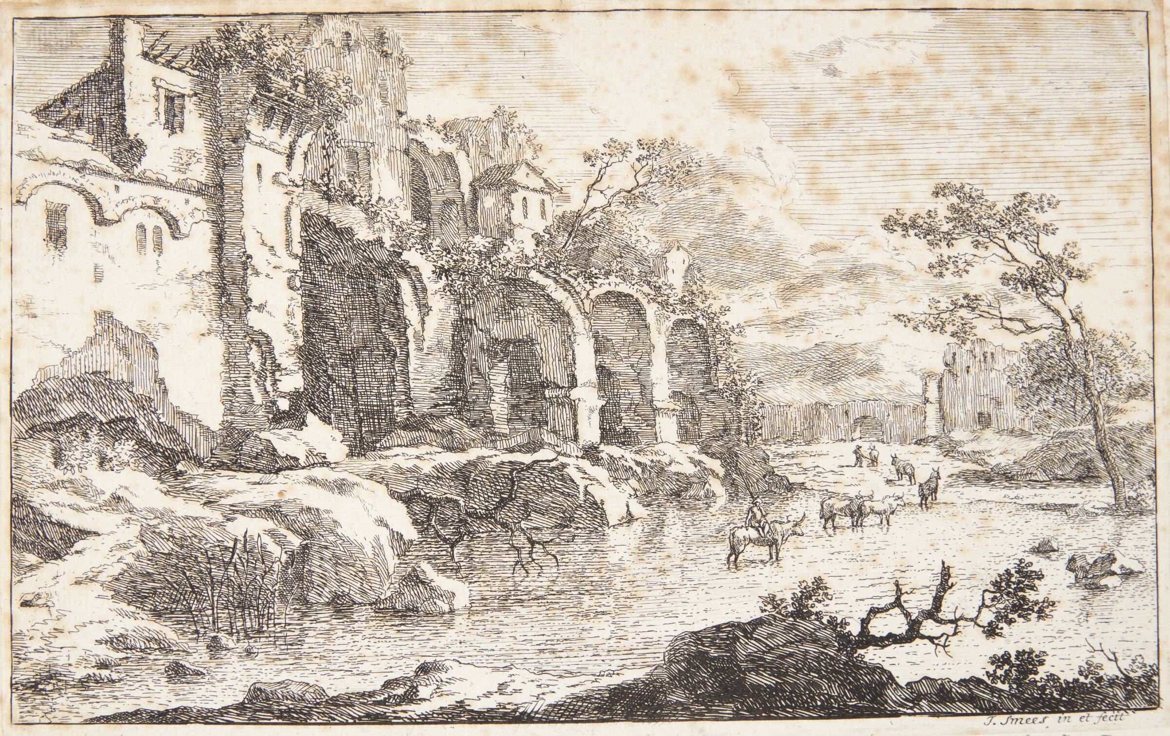 Forfaldne huse ved en flodseng, Jan Smees, 1670-1728