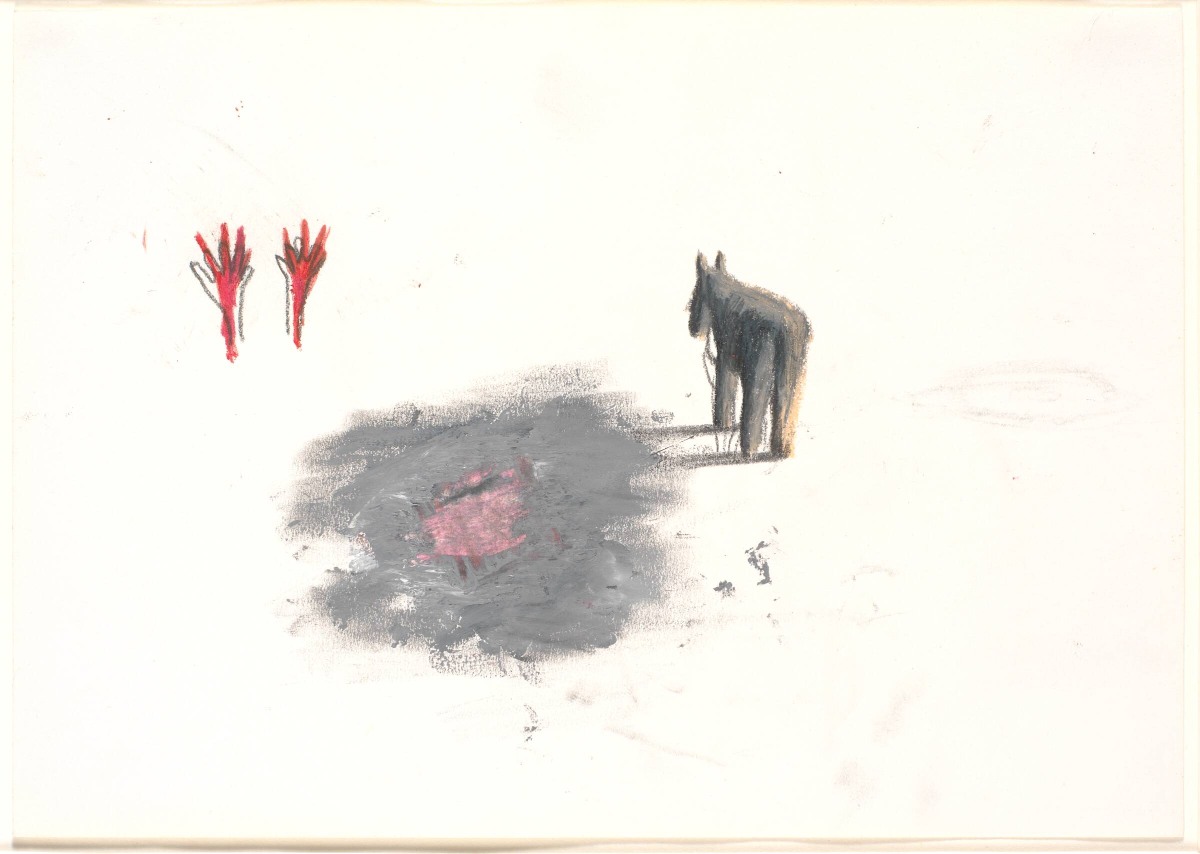 Tegning. Blad med æsel og håndtegn, Nina Sten-Knudsen, 1981