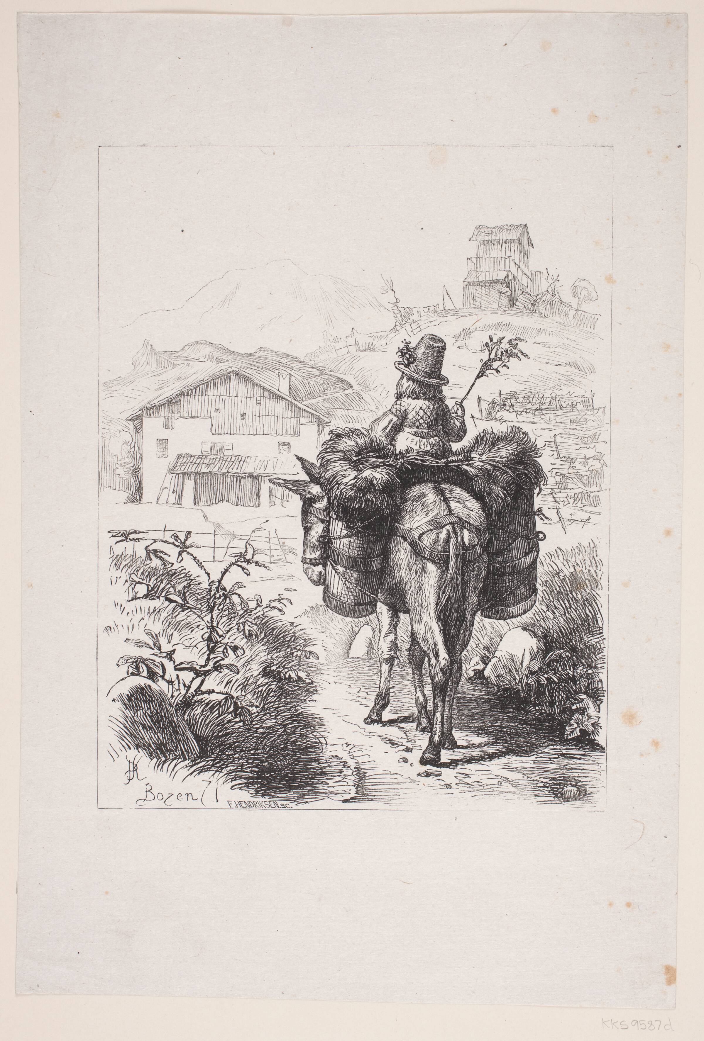 Fra Bozen. En lille Pige ridende på et Pakæsel, F. Hendriksen, 1871-1877