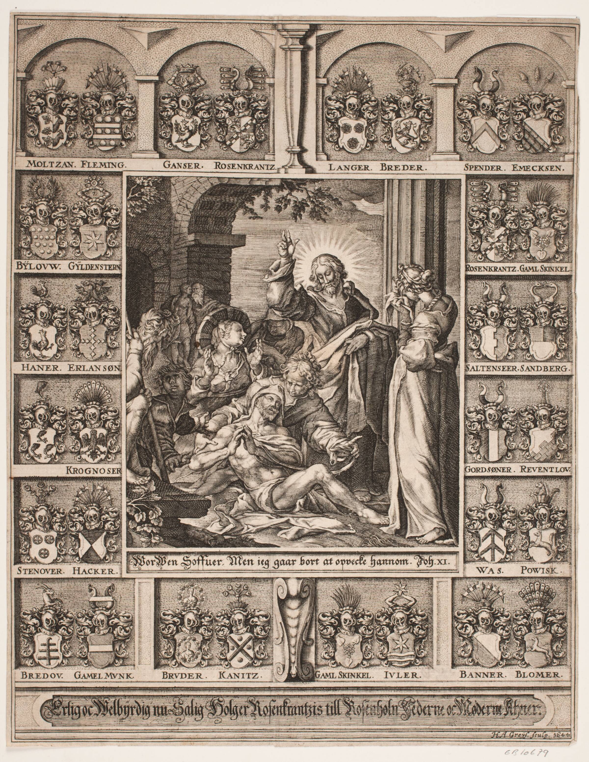Lazarus' opvækkelse. Omgivet af Holger Rosenkrantz' aneskjolde, Hans Andreas Greys, 1644