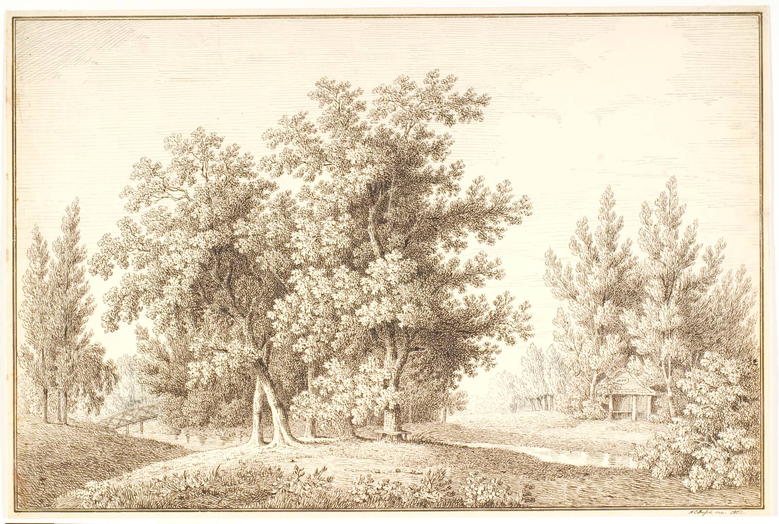 Park med vandløb og lille hytte, by Anton Carl Dusch, 1802