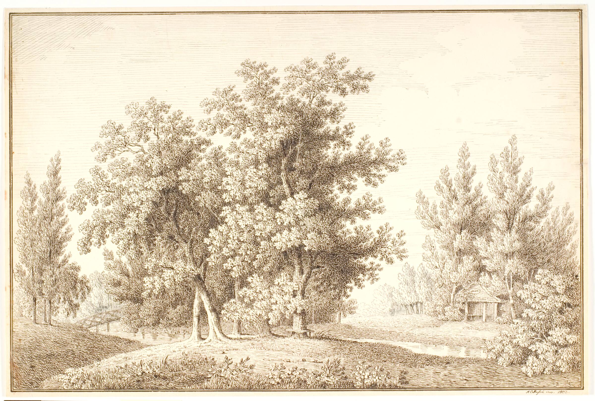 Park med vandløb og lille hytte, Anton Carl Dusch, 1802