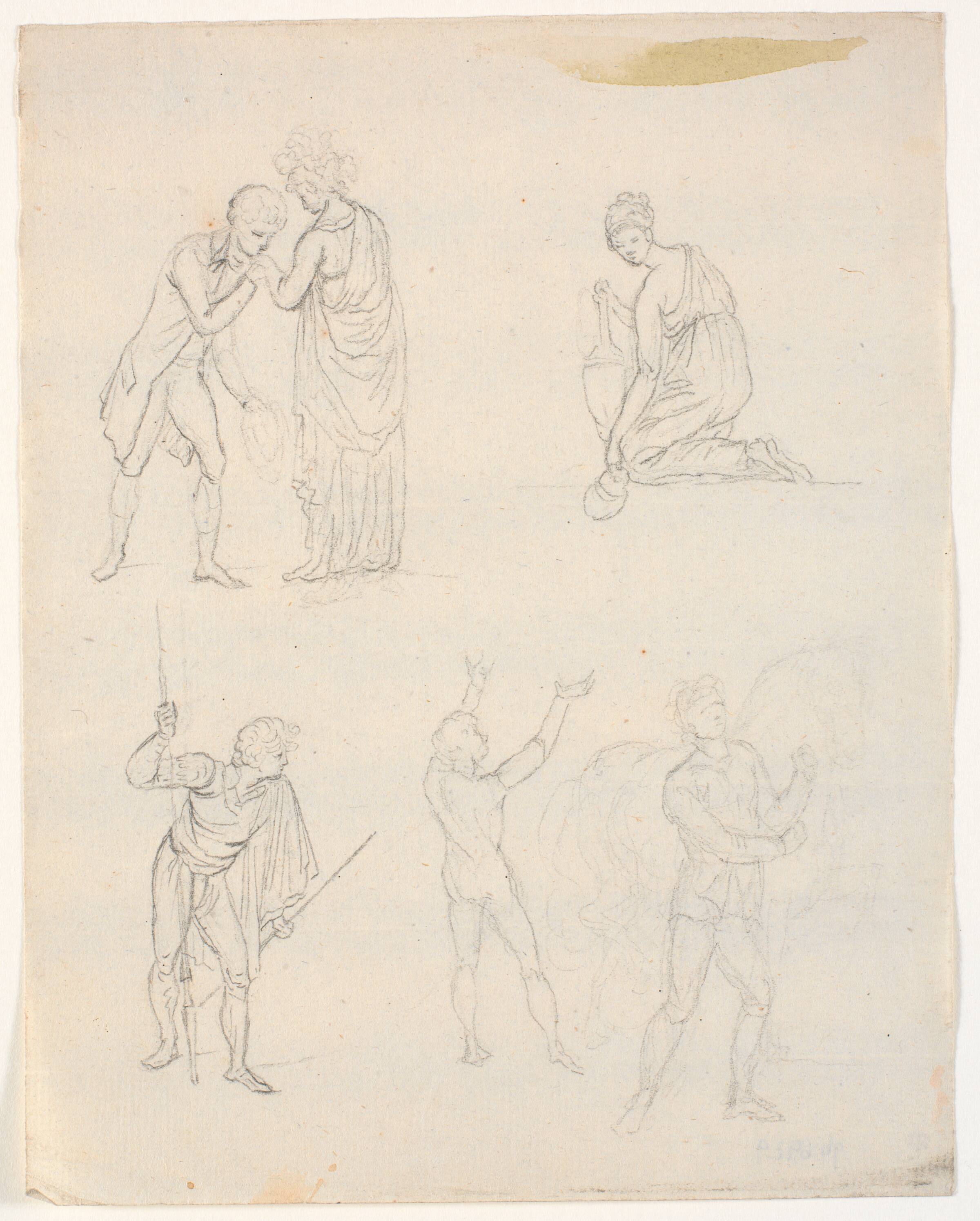 Fem figurskitser. F.o.t.v. et par (teaterscene?) f.n.t.h. en mand der trækker en hest, C.A. Lorentzen, 1746-1828