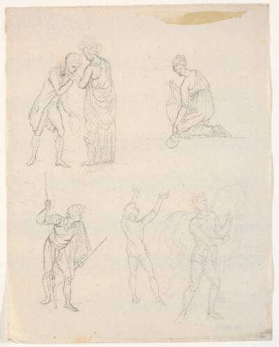 Fem figurskitser. F.o.t.v. et par (teaterscene?) f.n.t.h. en mand der trækker en hest