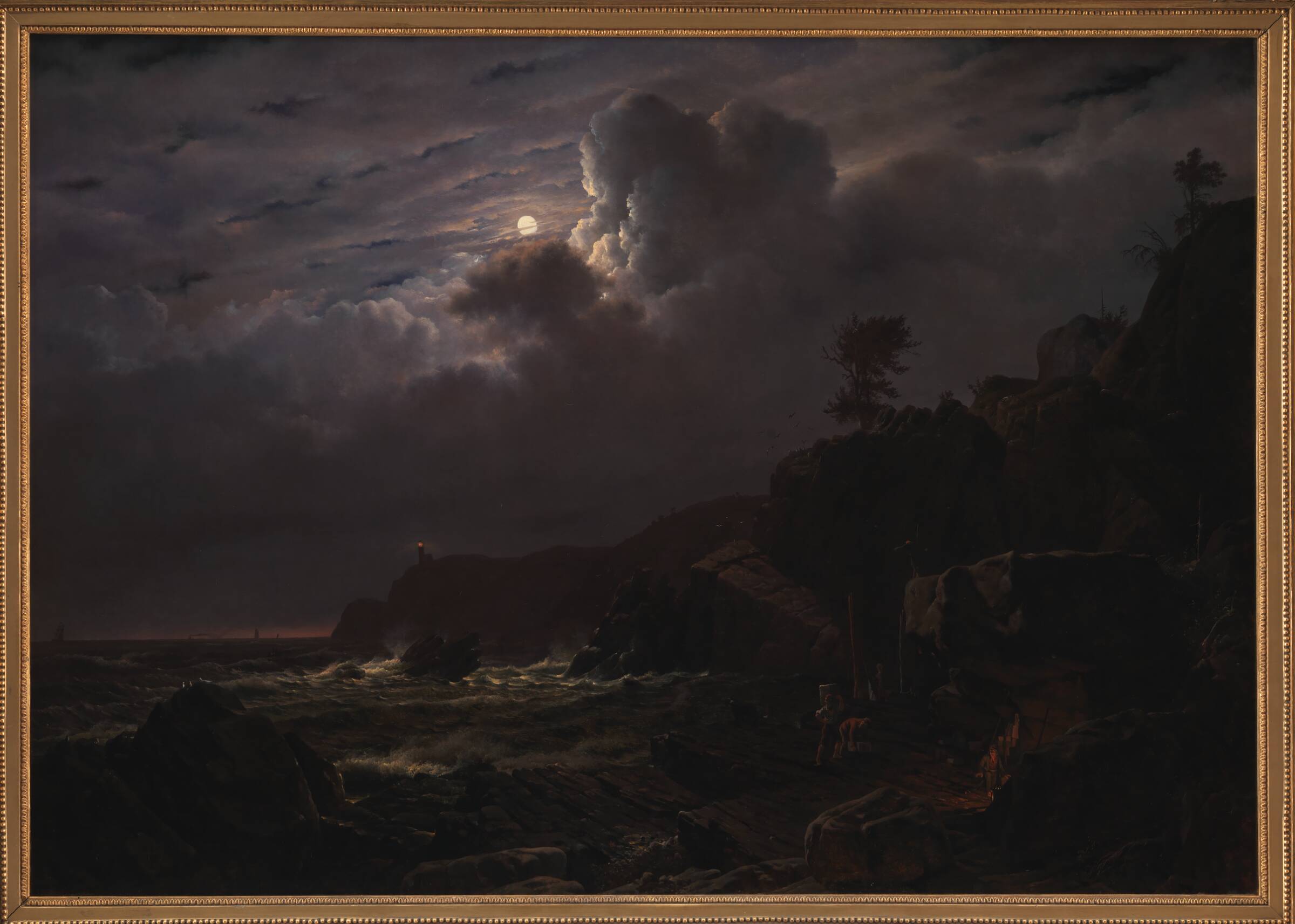 Parti af Kullen. Nogle smuglere skjuler deres varer mellem klipperne. Måneskin, Louis Gurlitt, 1834