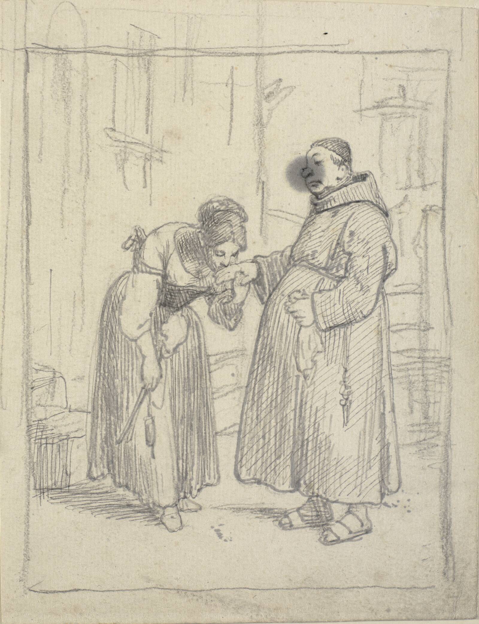 Pige kysser en munks hånd, Wilhelm Marstrand, 1810-1873