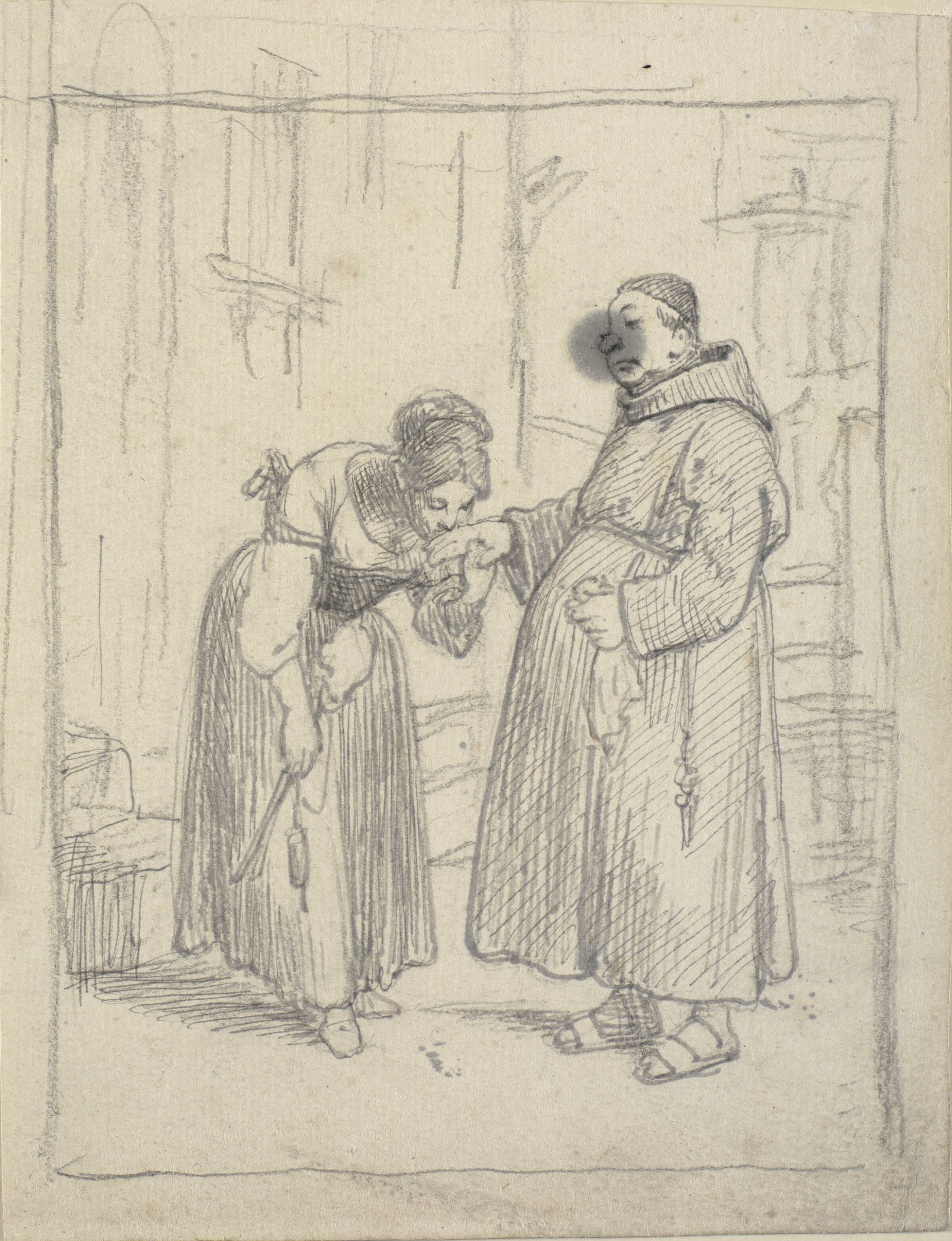 Pige kysser en munks hånd, Wilhelm Marstrand, 1810-1873