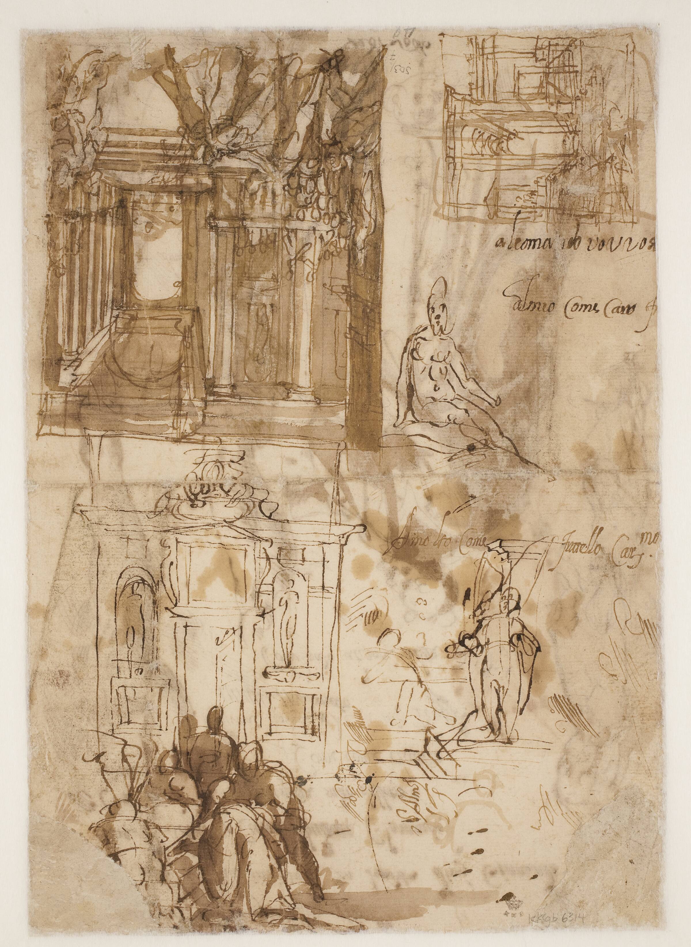 To arkitektoniske kompositionsstudier. En arkitektonisk skitse af samme og to figurstudier, Alessandro Maganza, 1556-1632