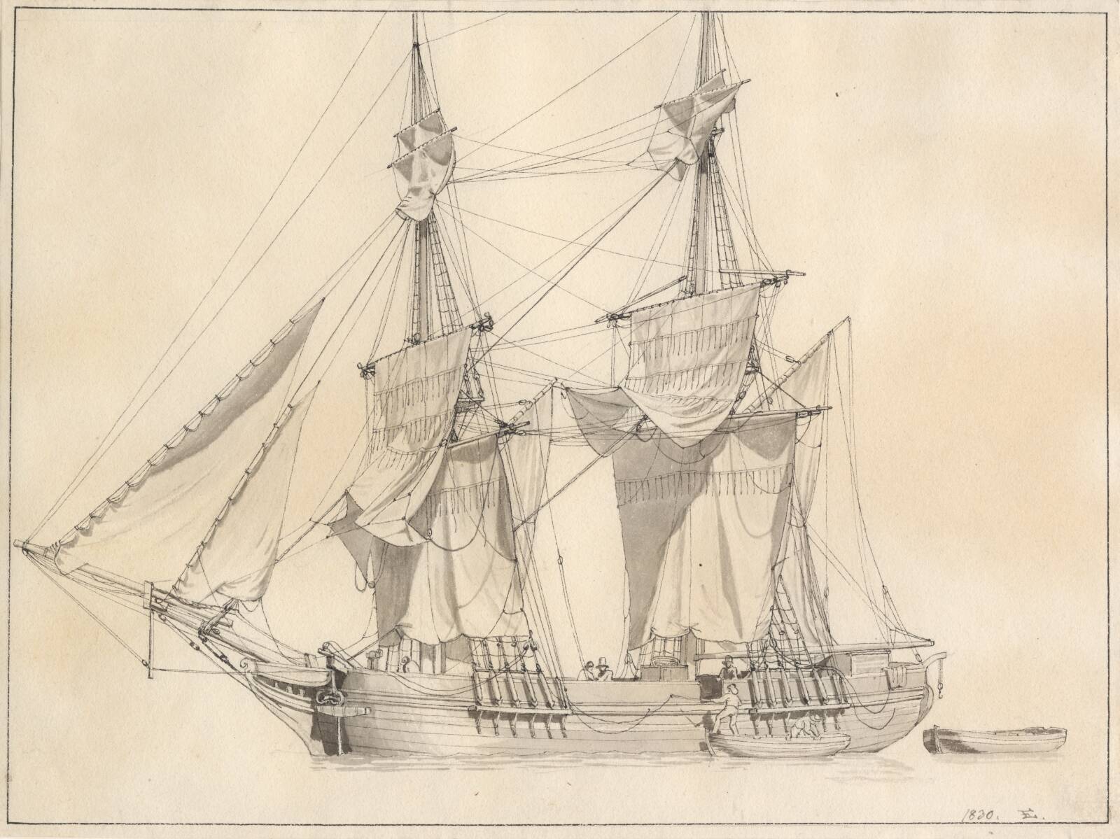 En brig tørrer sejl, C.W. Eckersberg, 1830