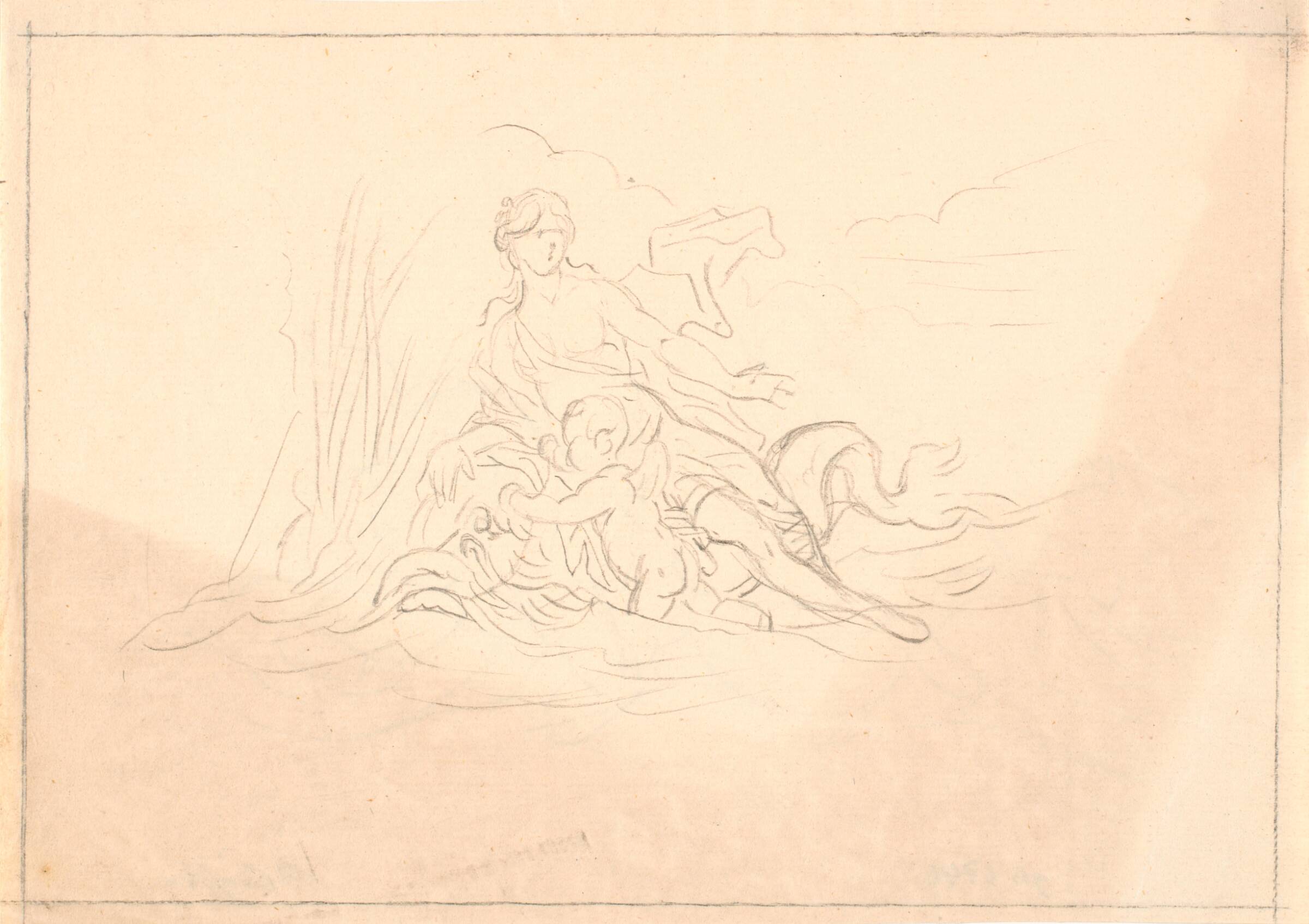 Kompositionsskitse med nymfe på en delfin, Bénoit Le Coffre, 1671-1722