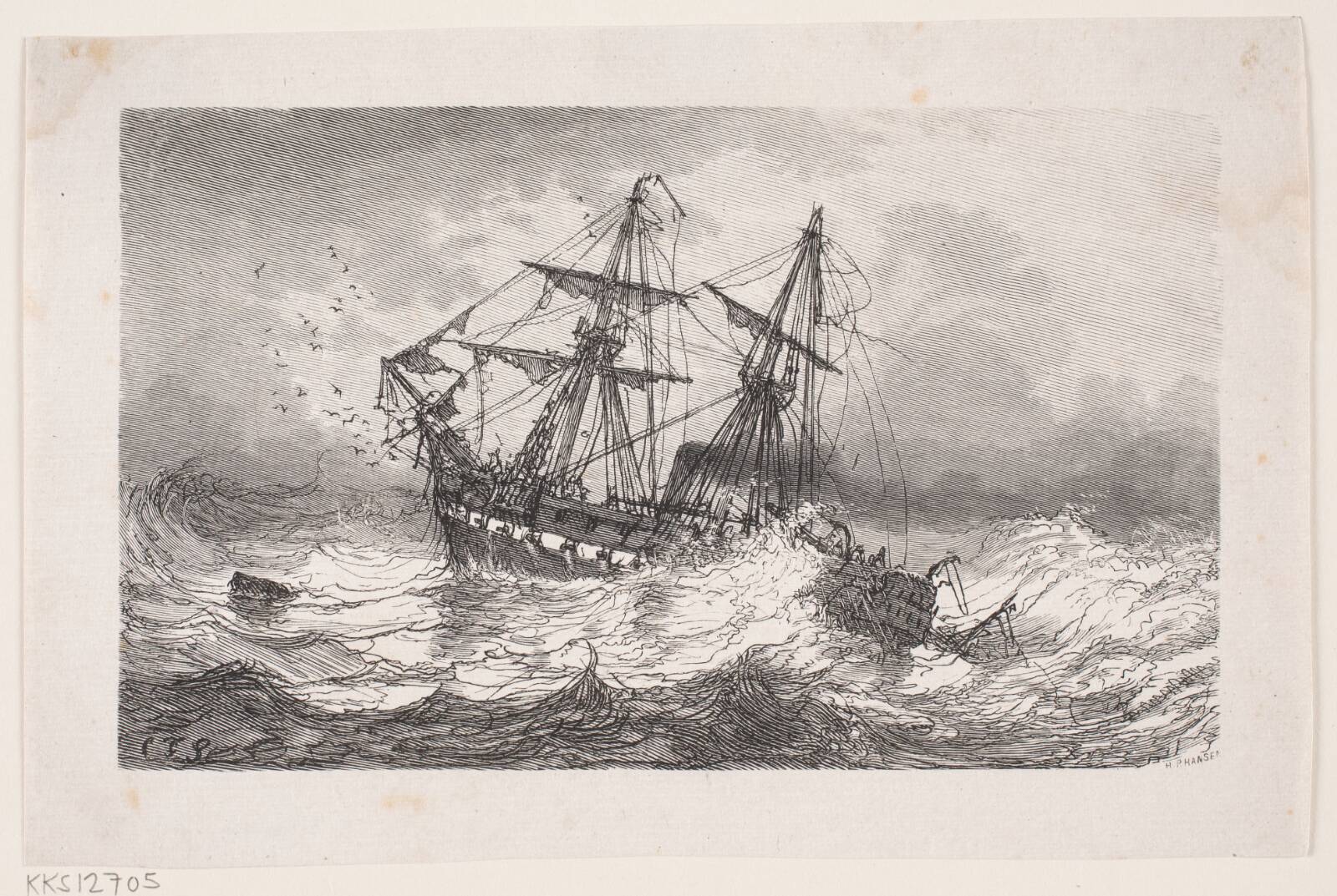Orlogsskib i Uvejr, H.P. Hansen, 1829-1899