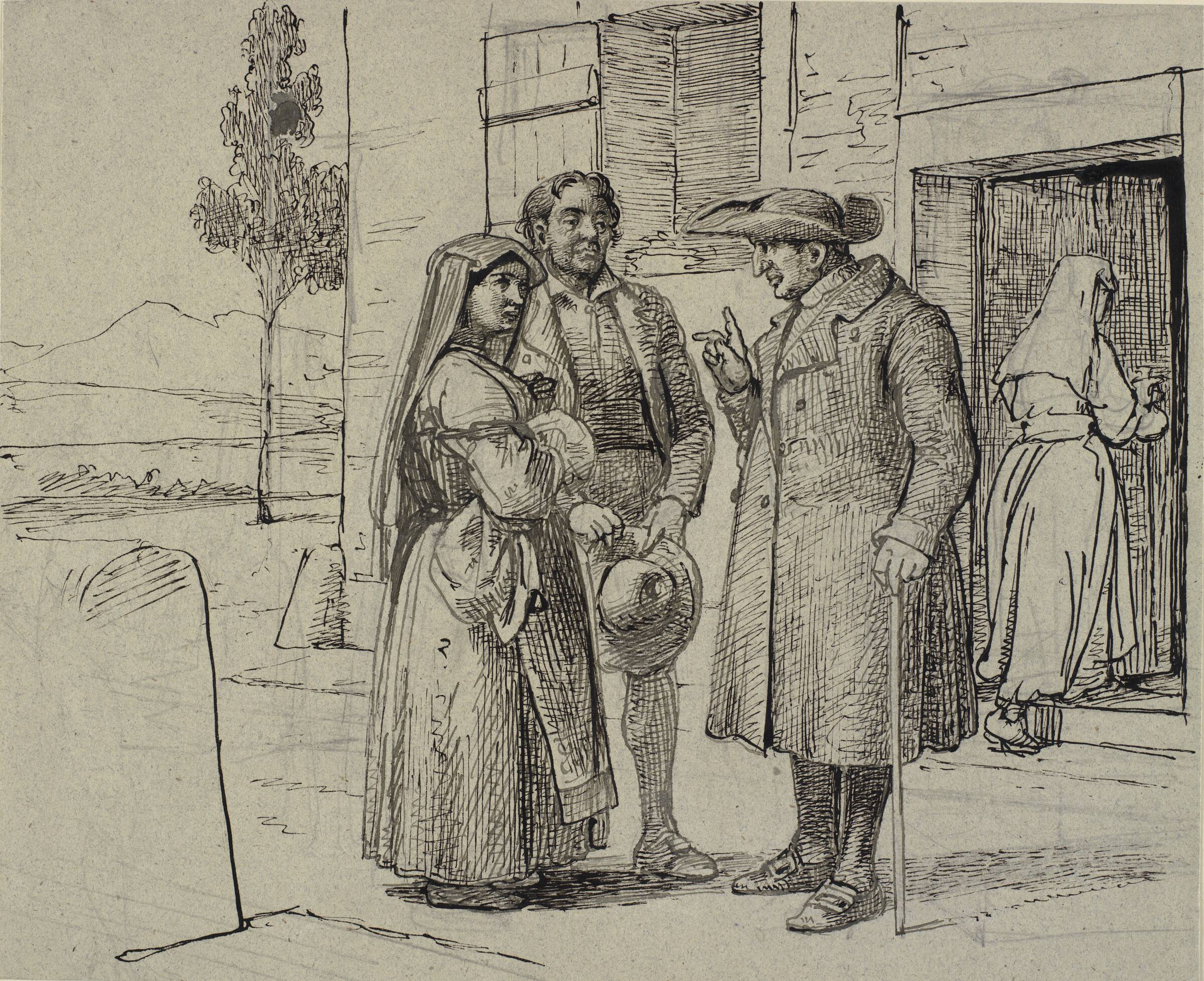 Uden for et hus formaner en præst et ungt ægtepar, Wilhelm Marstrand, 1810-1873