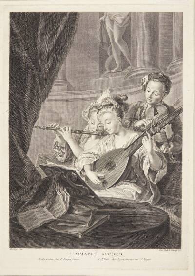 Ung mand og to kvinder, der spiller musik (L'Aimable Accord)