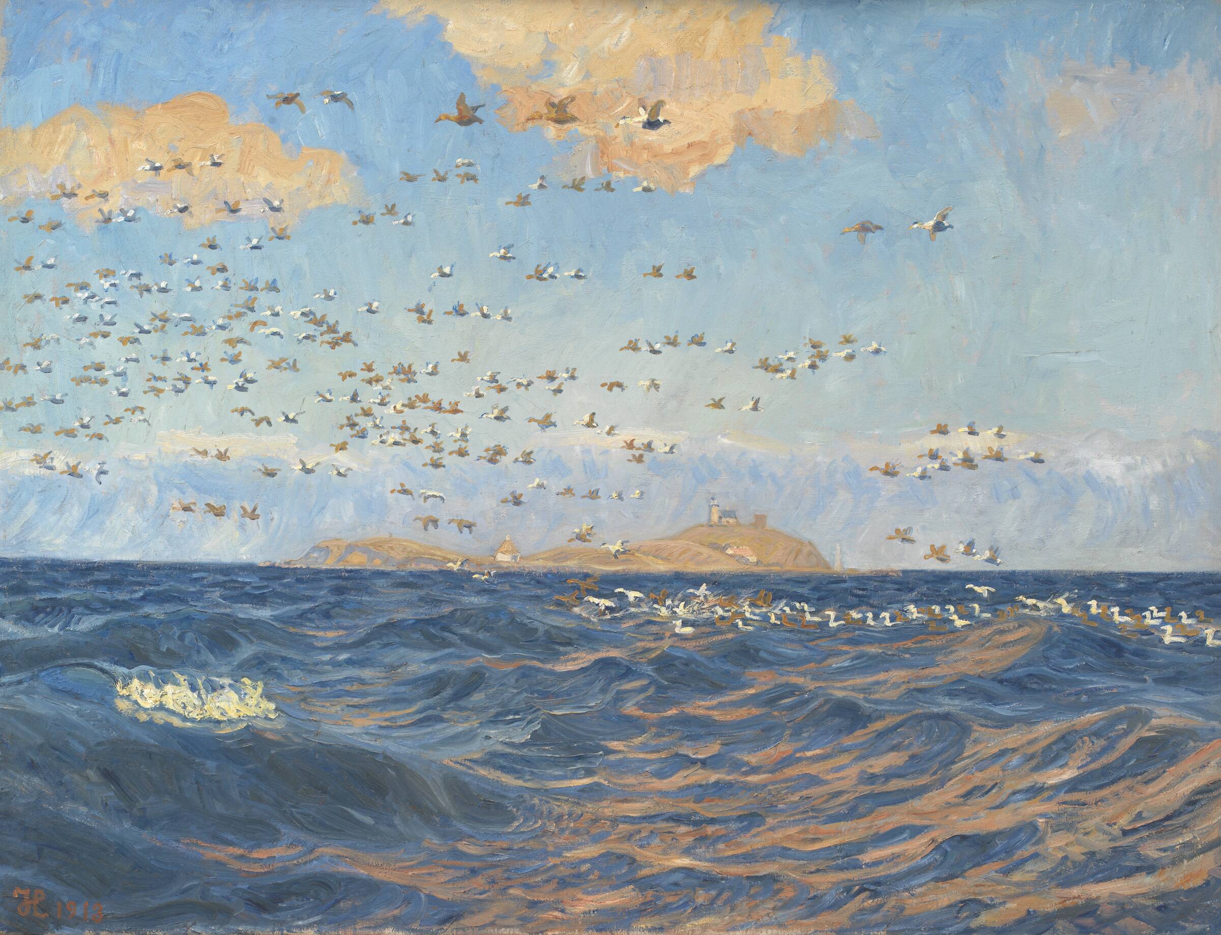 Edderfugle ved Vesterrevet. Sprogø, Johannes Larsen, 1913