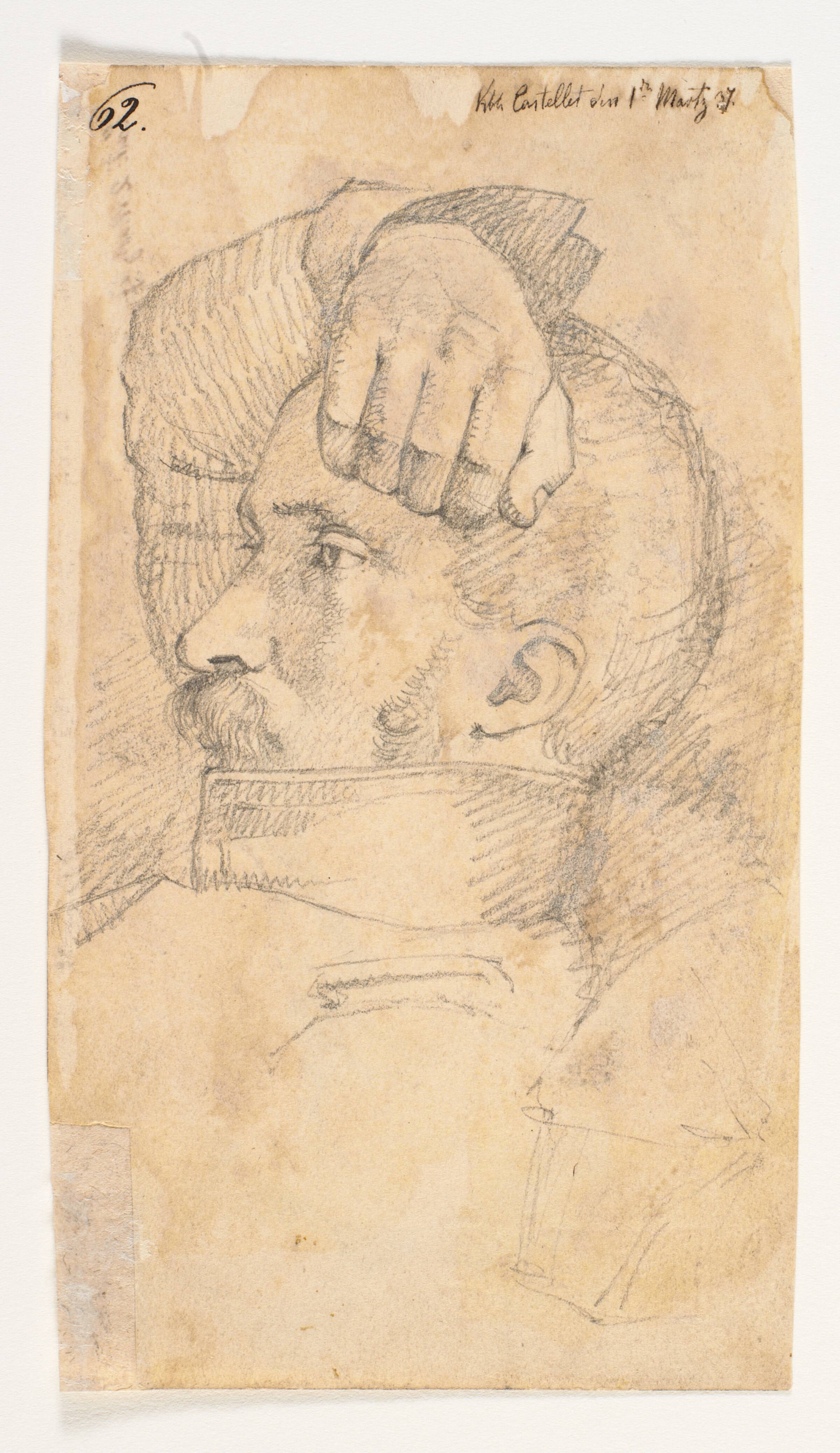 Kunstnerens bror C.C. Lundbye, halvt liggende med højre hånd hvilende på hovedet, Johan Thomas Lundbye, 1837