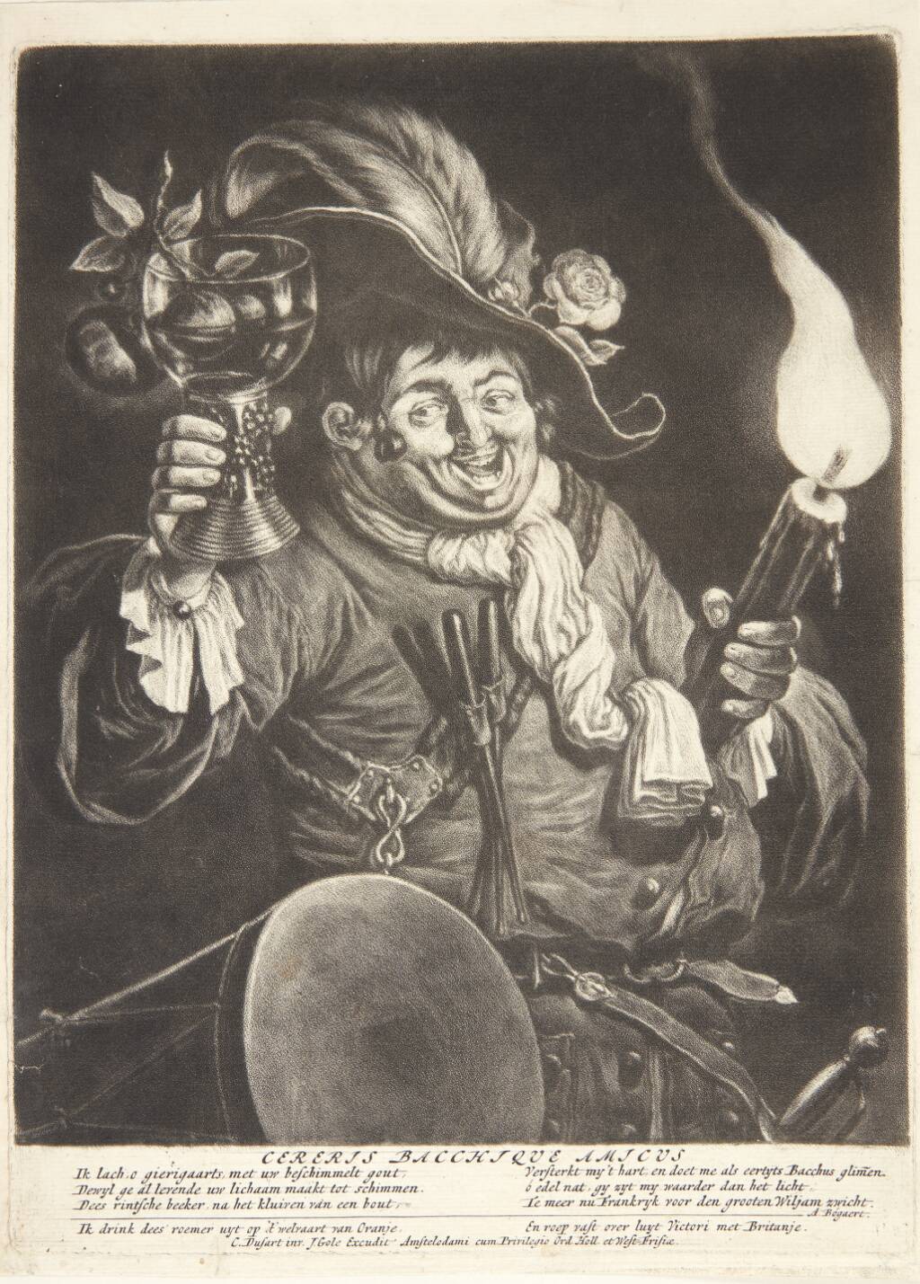 Fordrukken trommeslager med en fakkel