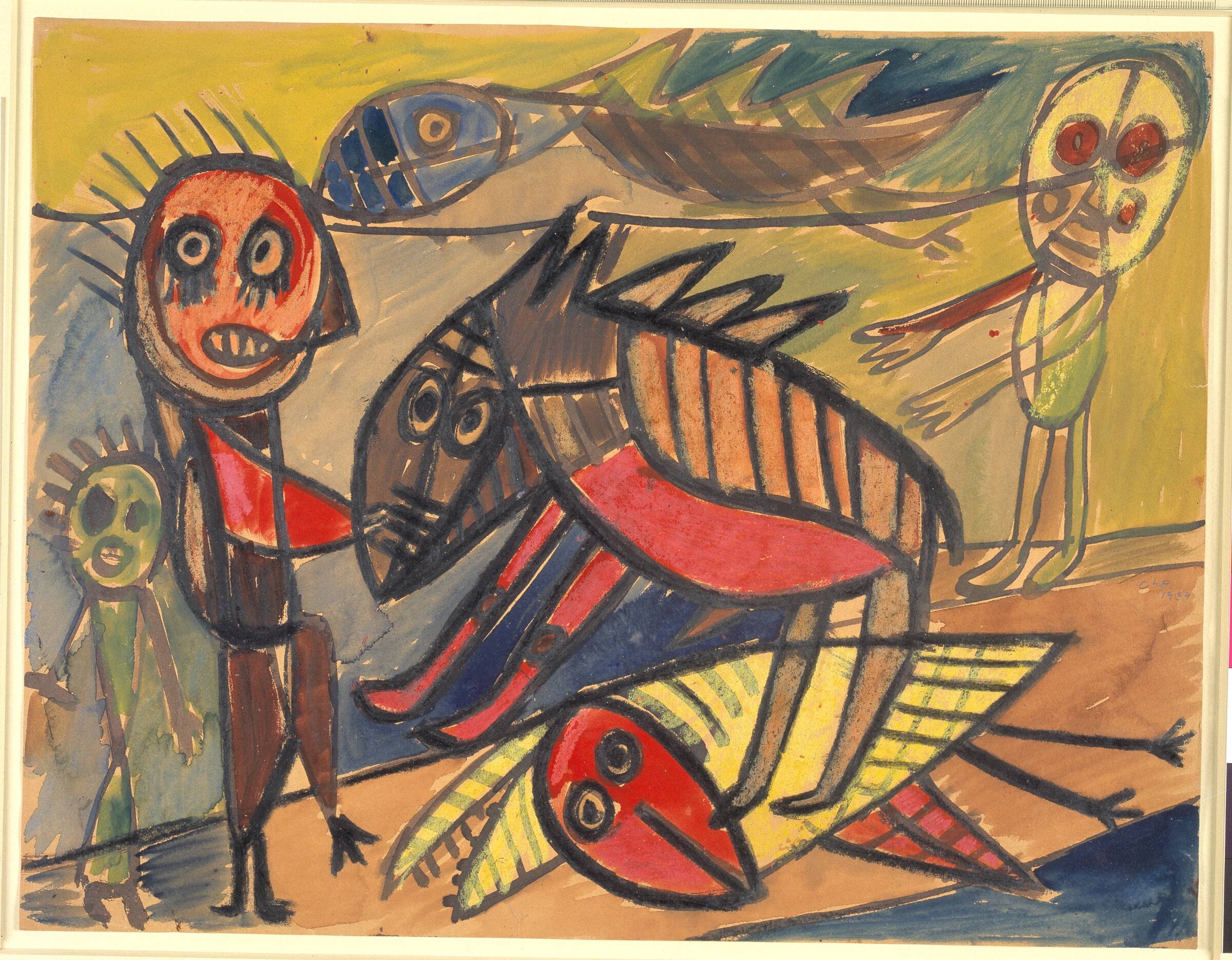 Dyr og mennesker i landskab, Carl-Henning Pedersen, 1939