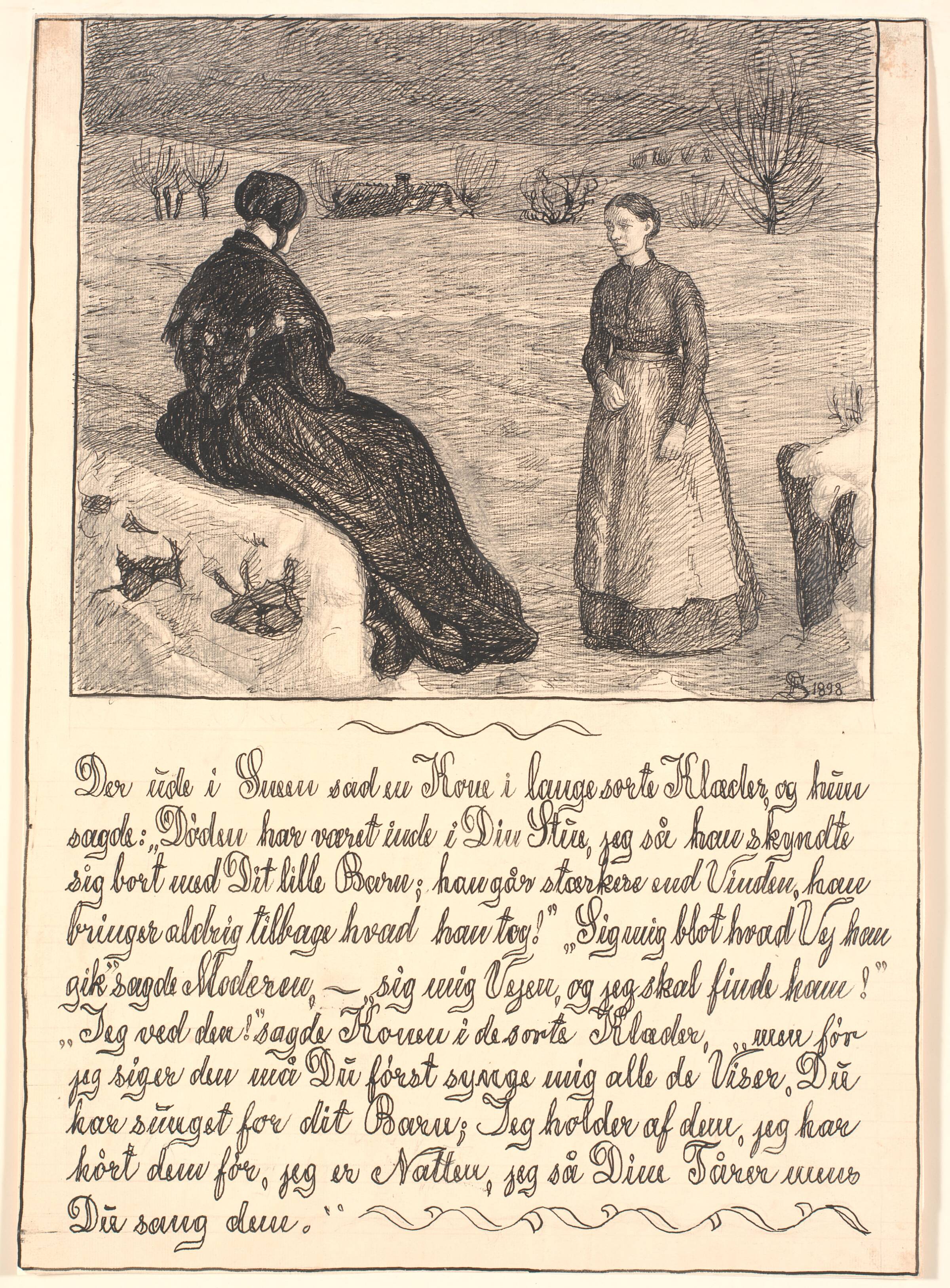 Der ude i Sneen sad en Kone i lange sorte Klæder..., Fritz Syberg, 1898