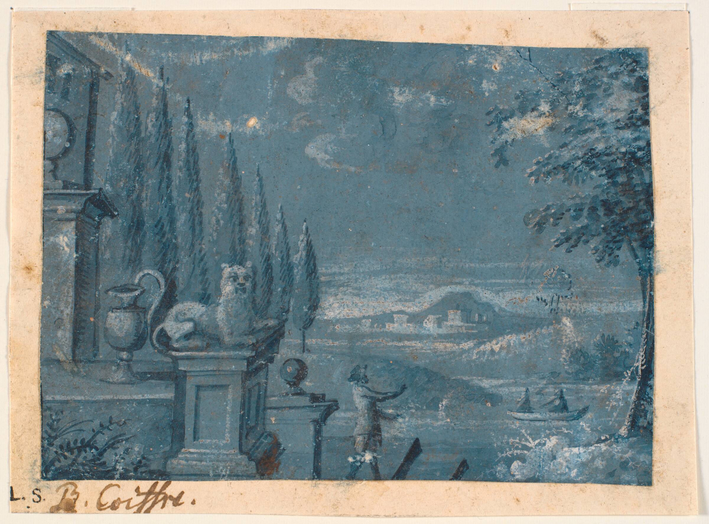 Landskab ved et hus med terrasse, Bénoit Le Coffre, 1671-1722