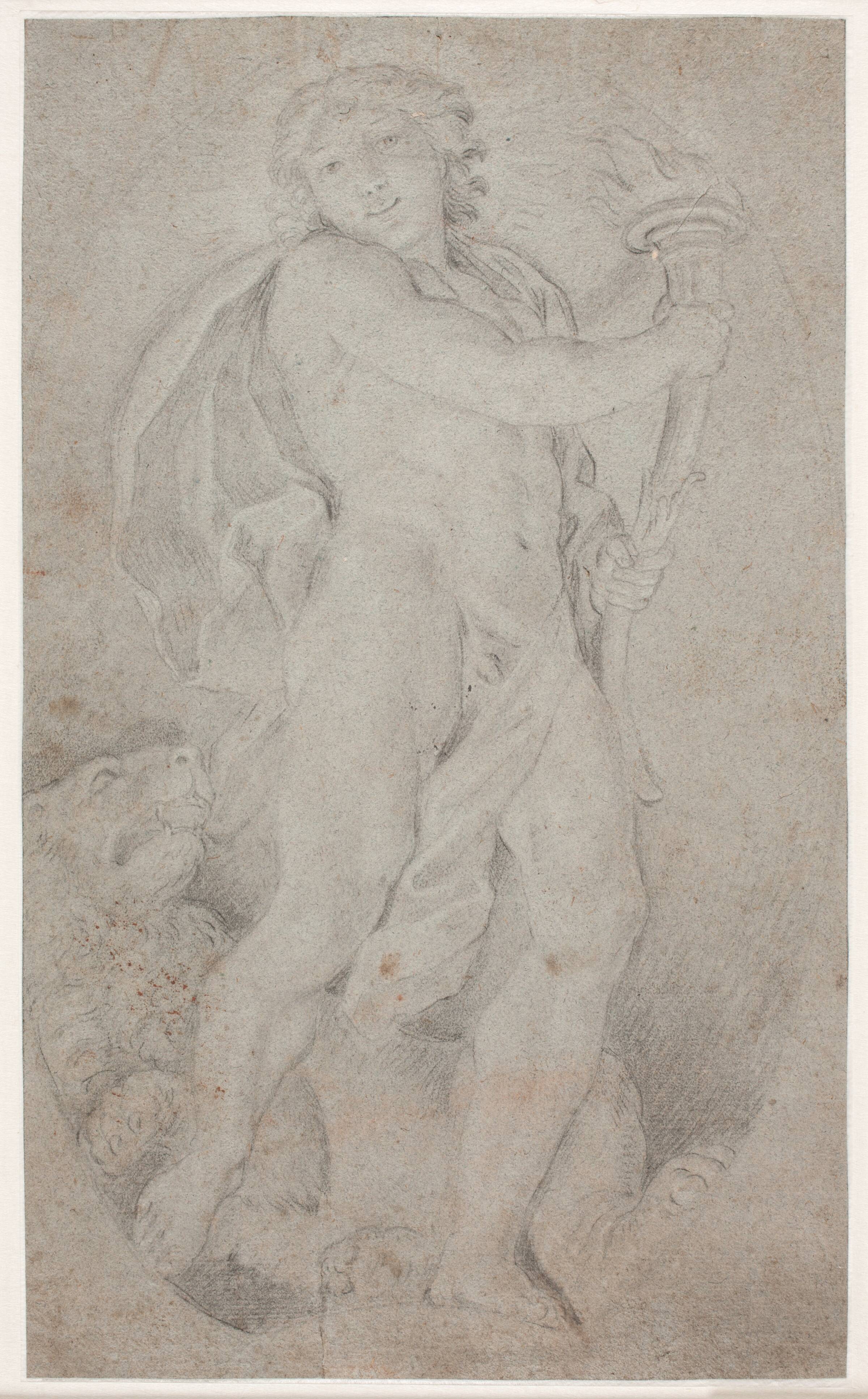 Stående fakkelbærer og en løve, Hendrik Krock, 1686-1738