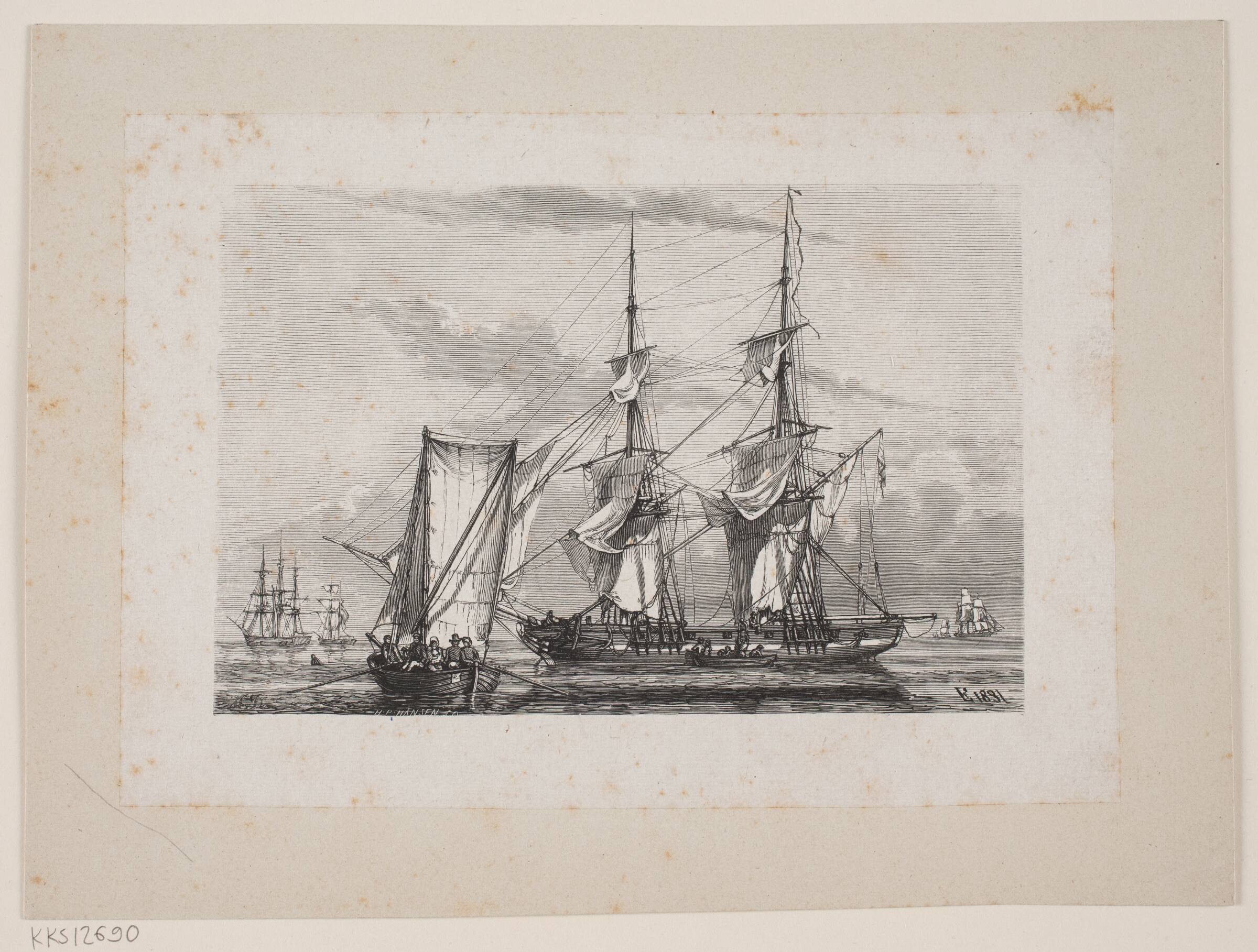 En Orlogs-Brig til Anker, som tørrer Sejl, H.P. Hansen, 1829-1899