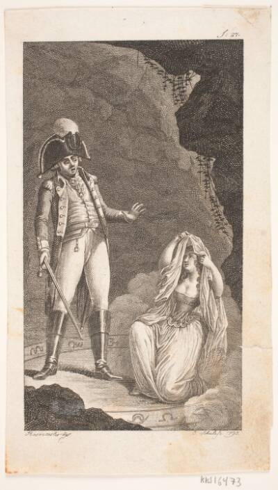 Illustration med officer og knælende dame