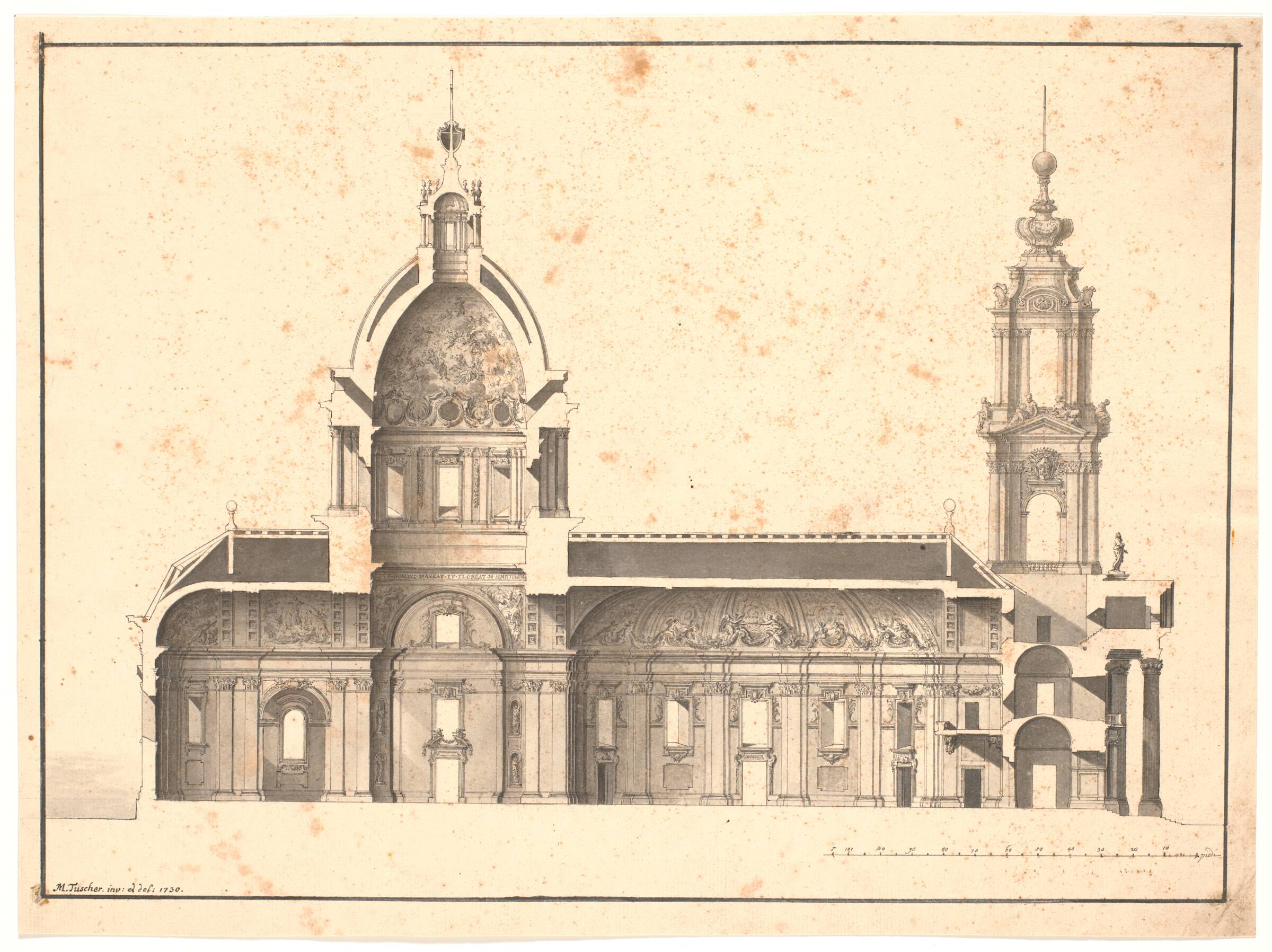 Længdesnit gennem S. Lorenzo kirke, Rom, Marcus Tuscher, 1730