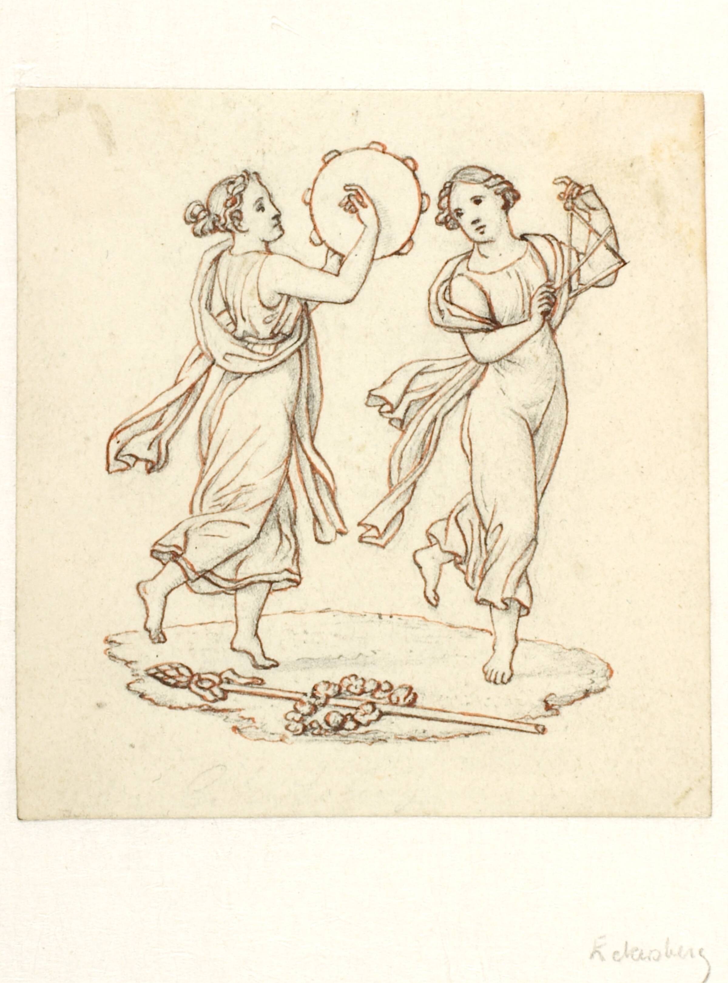 To dansende kvinder med tamburin og triangel, på jorden en thyrsosstav, C.W. Eckersberg, 1783-1853