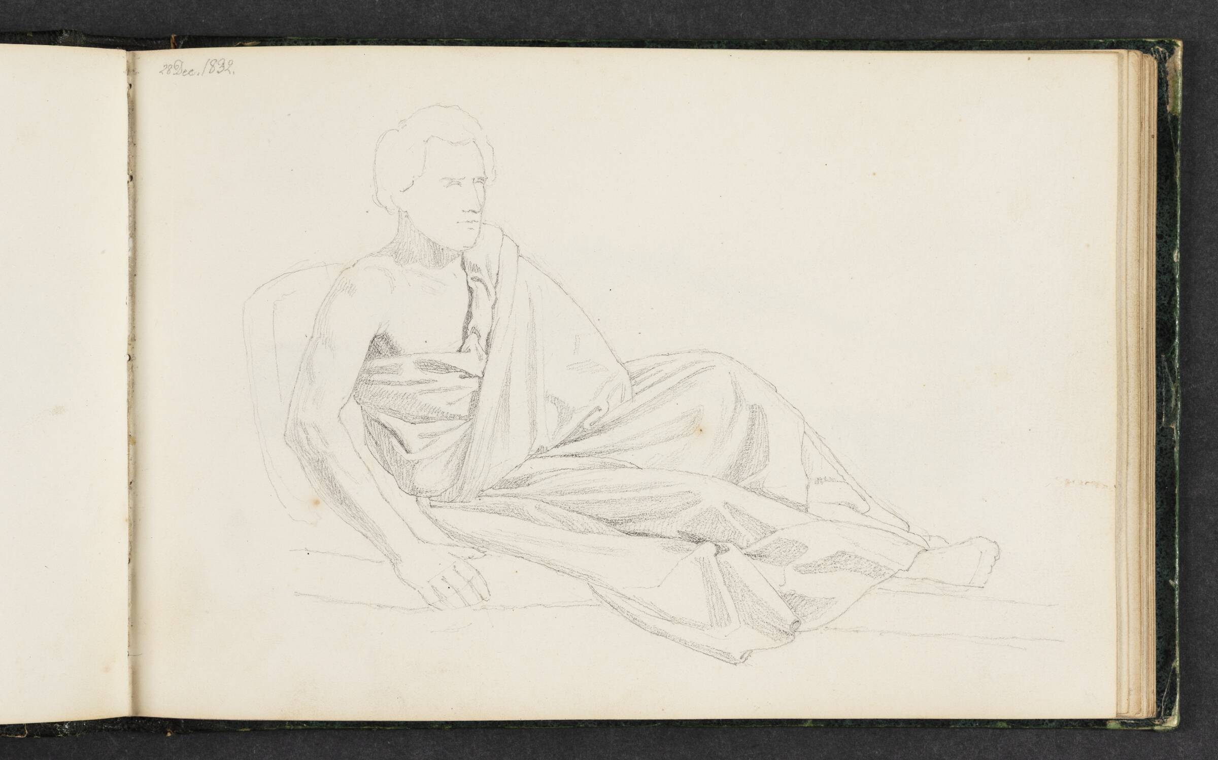 Siddende, mandlig figur indhyllet i en kappe, Erling Eckersberg, 1832