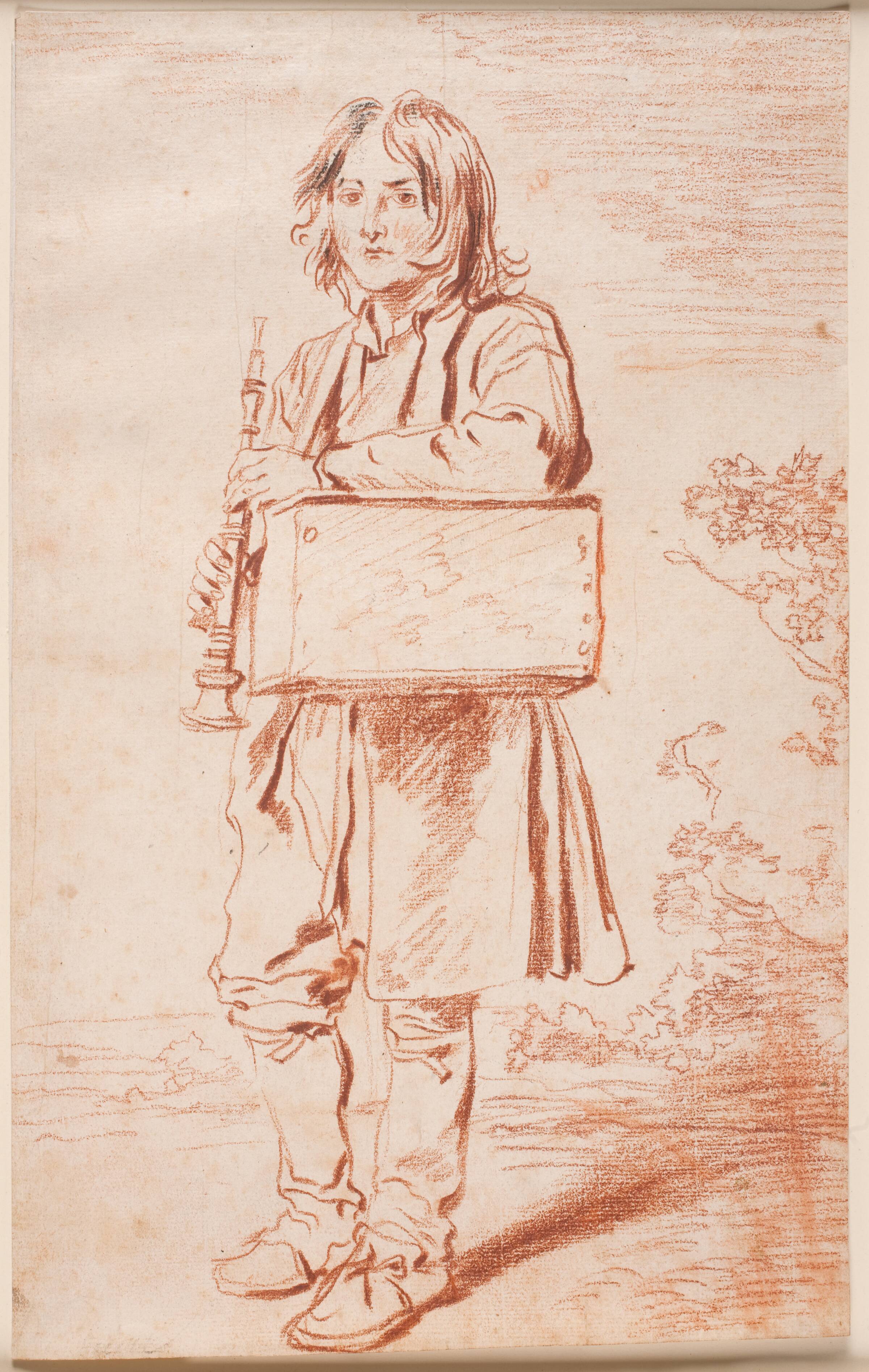Ung Savoyarder. Helfigur en face t.v., stående, over den ene skulder hænger en kasse med murmeldyret, i hænderne holder han fløjten, Antoine Watteau, 1703-1708