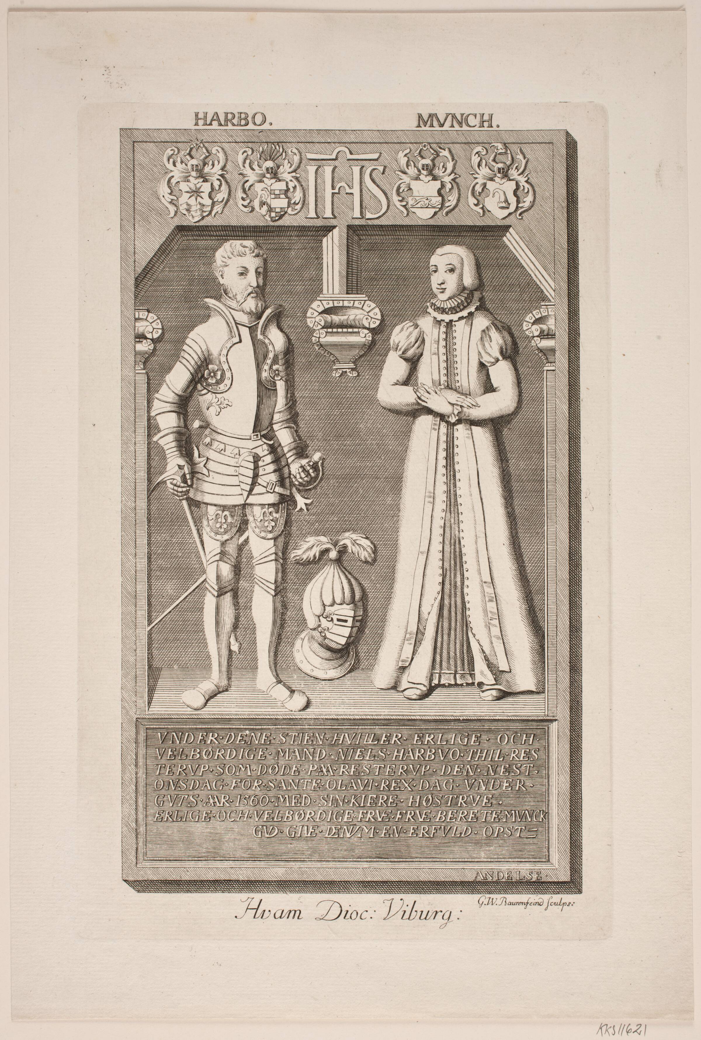 N. Harbo og hustrus gravsten. Illustration til ”Nobilitas Daniae ex monumentis”, Georg Vilhelm Baurenfeind, 1750-1755
