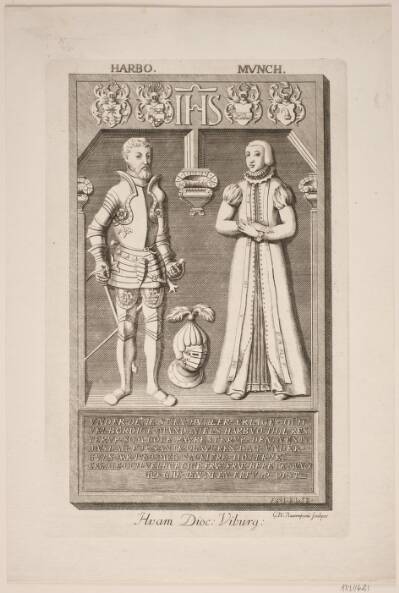 N. Harbo og hustrus gravsten. Illustration til ”Nobilitas Daniae ex monumentis”