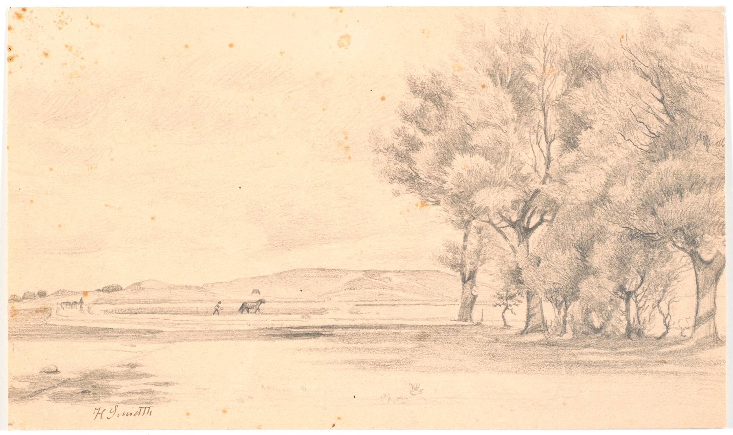 Landskab med pløjemark; t.h. høje træer, Hans Smidth, 1880-1889
