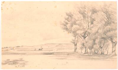 Landskab med pløjemark; t.h. høje træer