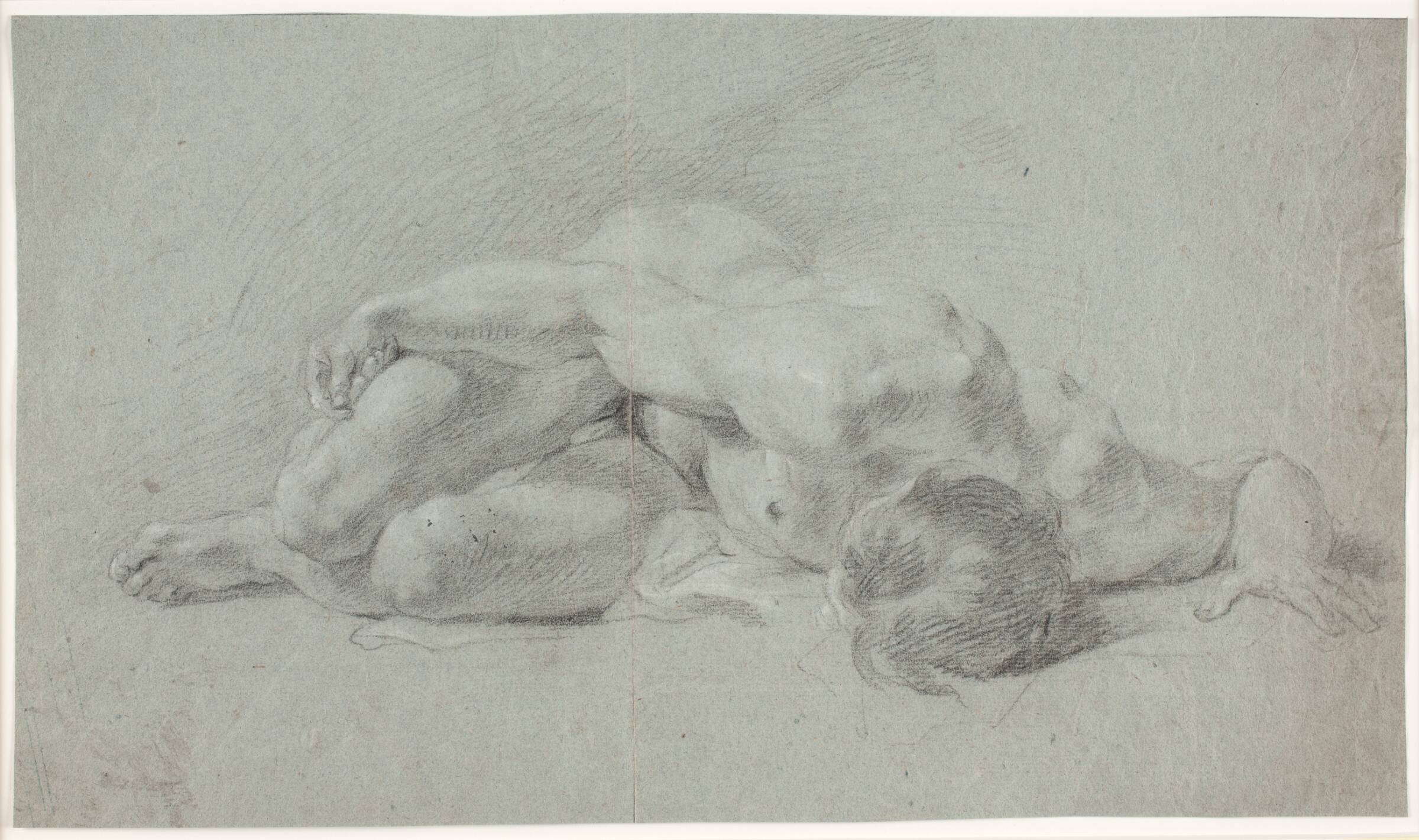 Mandlig modelstudie, liggende, sammenkrøbet, Hendrik Krock, 1671-1738