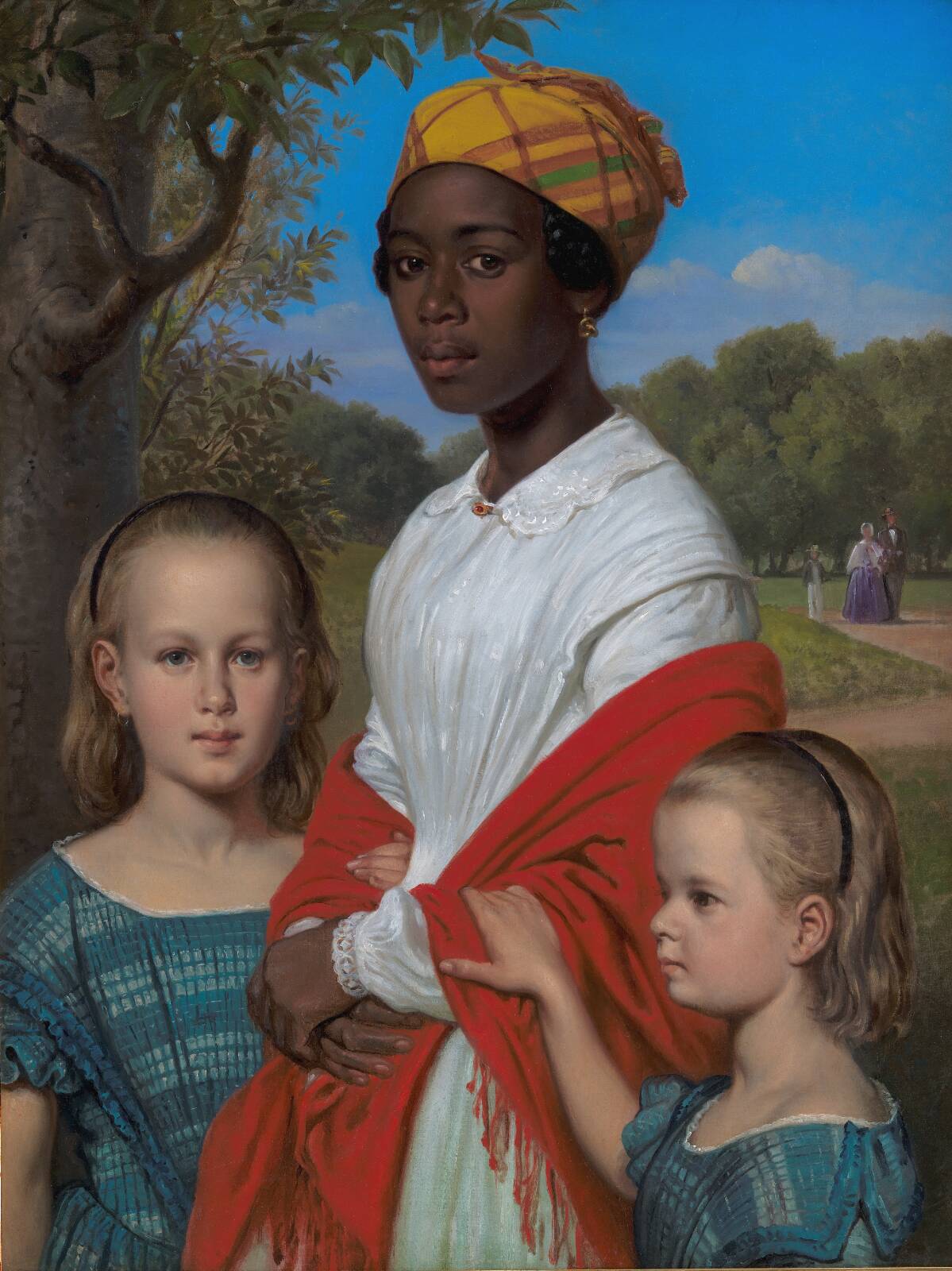 Portrait of Otto Marstrand's two Daughters and their West-Indian Nanny, Justina Antoine, in the Frederiksberg Gardens near Copenhagen, by Wilhelm Marstrand, 1857
