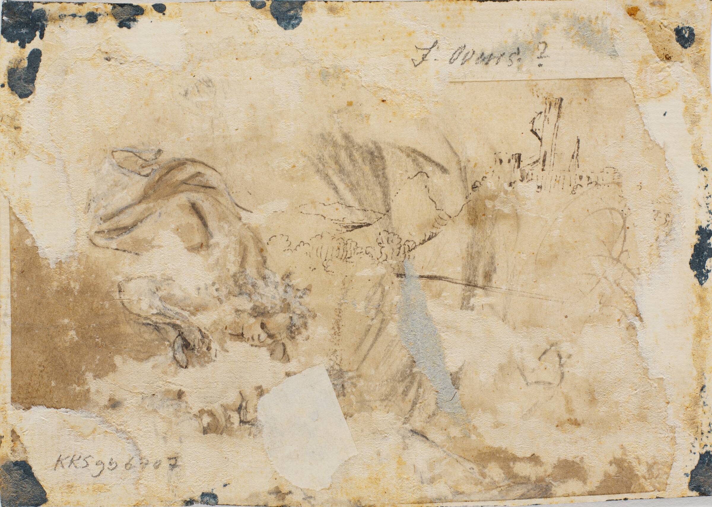 Landskabsskitse; liggende, kappeklædt figur; desuden penneprøver, Jürgen Ovens, 1600-1699
