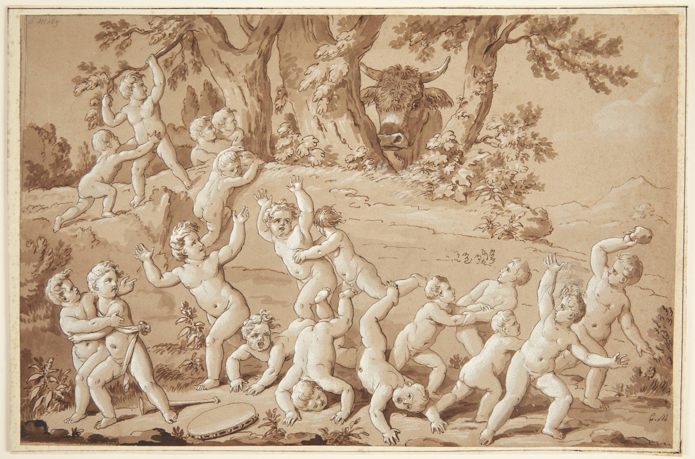 Putti flygter fra en tyr, Conrad Martin Metz, 1802-1827
