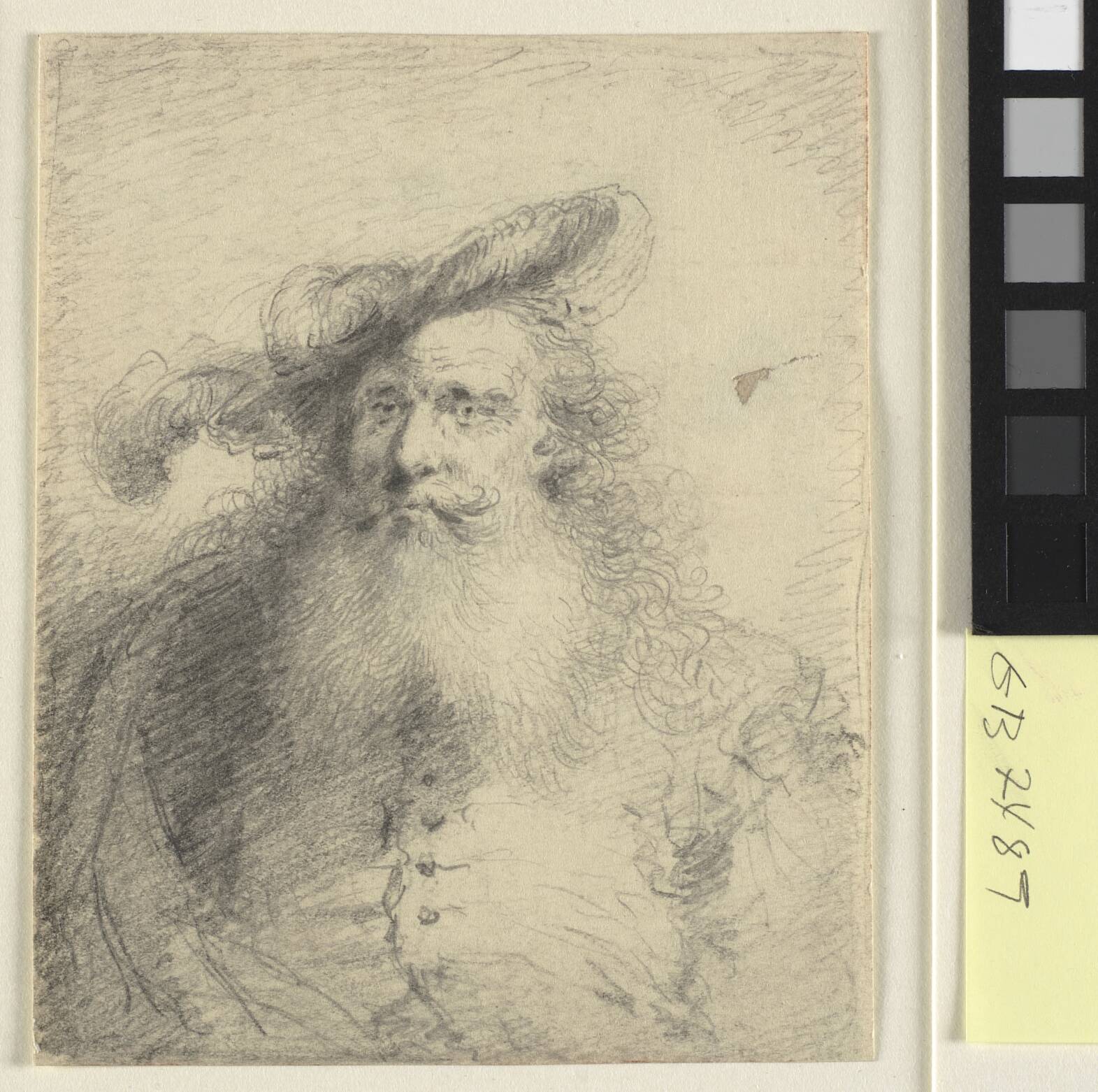 Head and shoulder portrait of a bearded man with a feathered hat