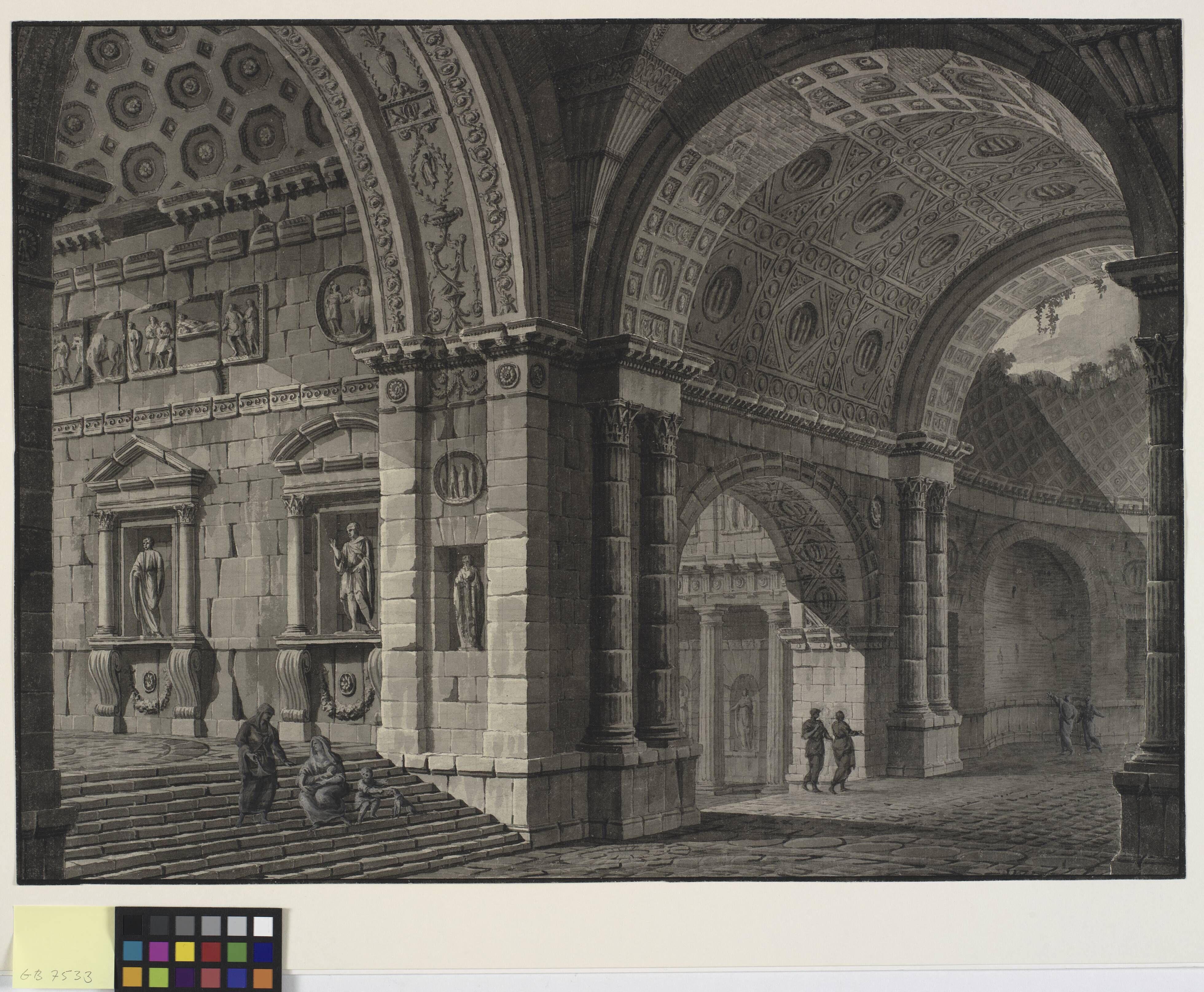 Architectural fantasy of the interior of an ancient building with partially ruined vaults